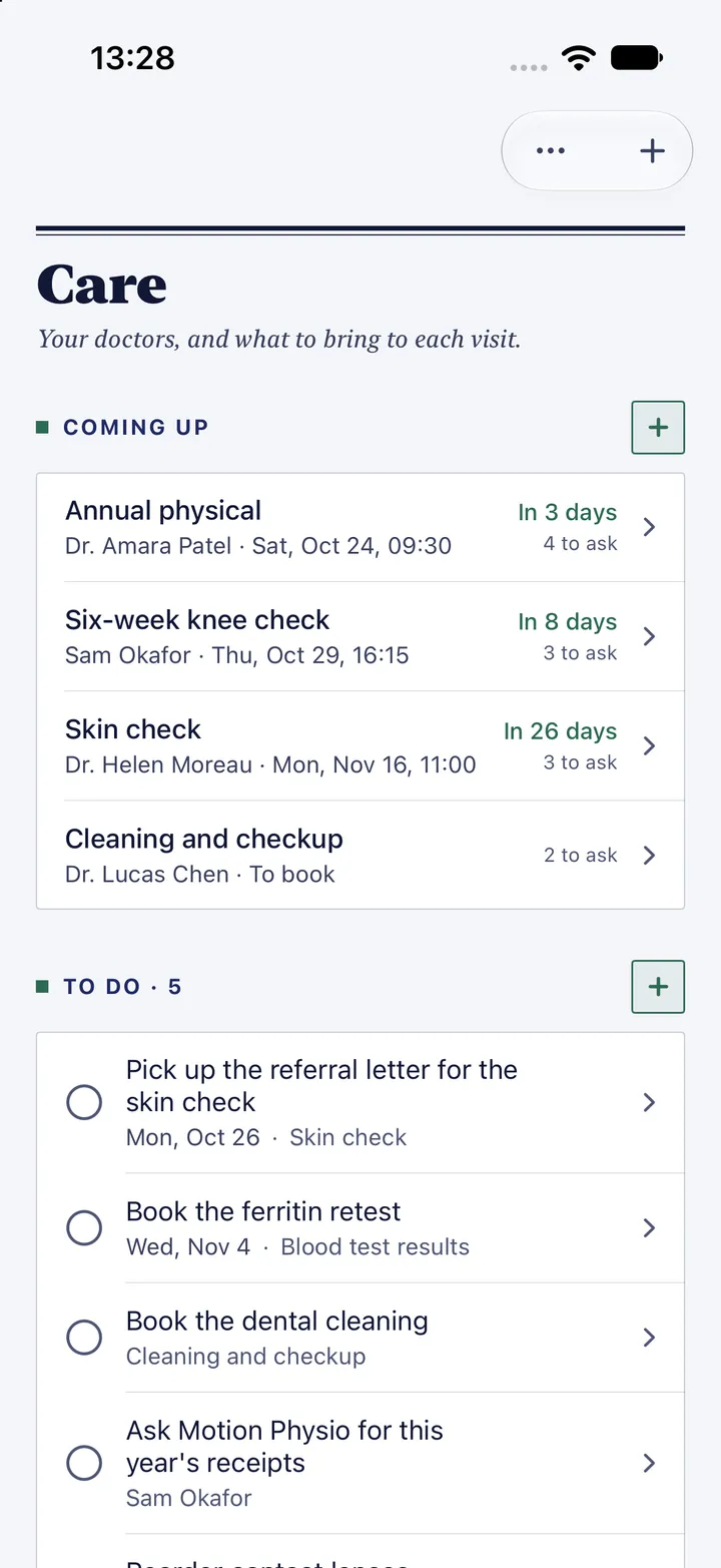 HourLife's Care: an annual physical in 3 days with 4 questions to ask, a knee check, a skin check and a cleaning still to book, and five to-dos such as picking up a referral letter.