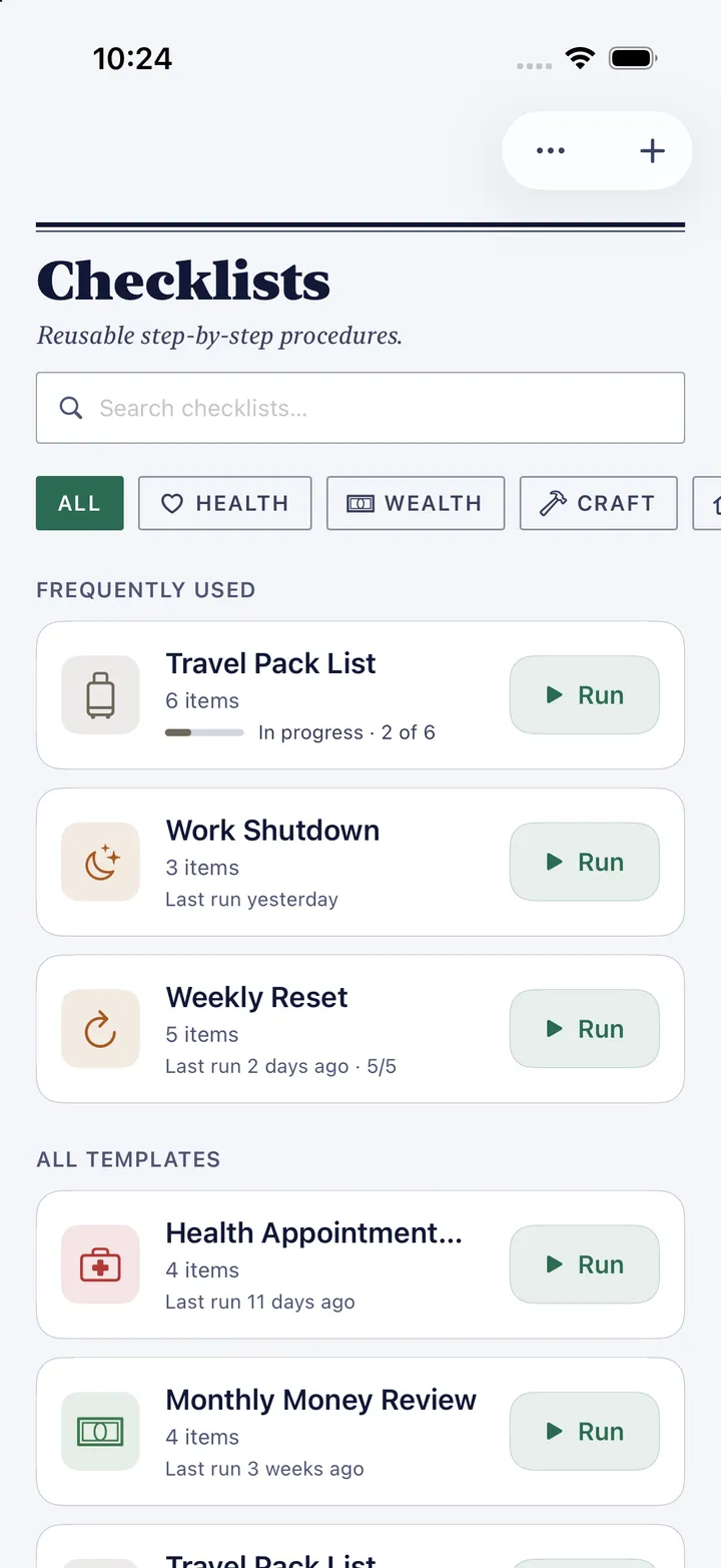 HourLife's Checklists: a travel pack list in progress, Work Shutdown and Weekly Reset, and templates for a health appointment and a monthly money review, each with a Run button.