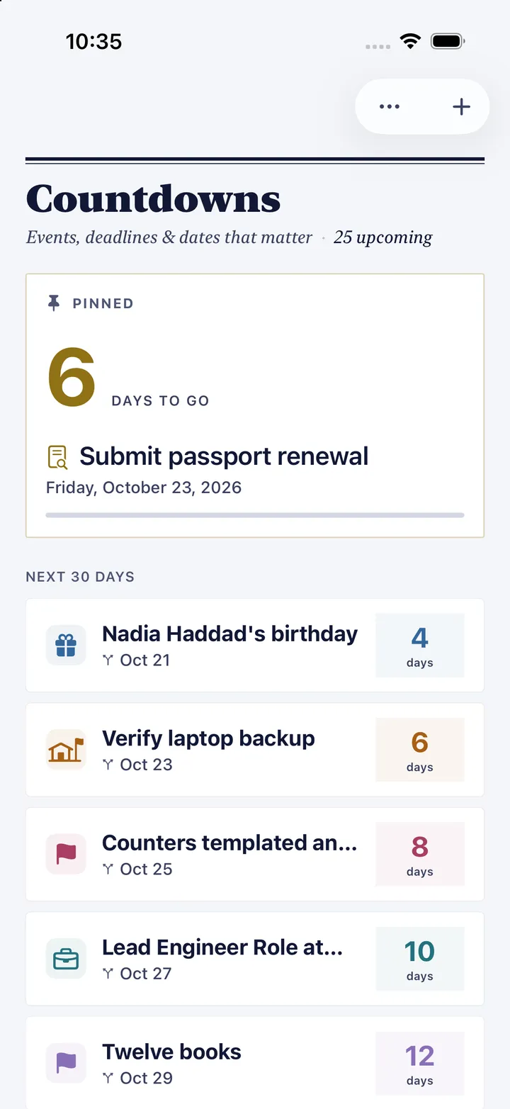 HourLife's Countdowns: 25 upcoming, a passport renewal pinned at six days to go, and the next 30 days of birthdays and deadlines.