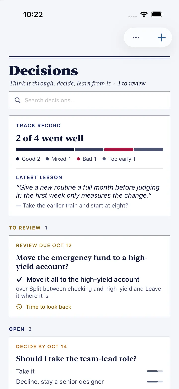 HourLife's Decisions: two of four that went well, the latest lesson, one decision due for review, and an open question about a team-lead role.