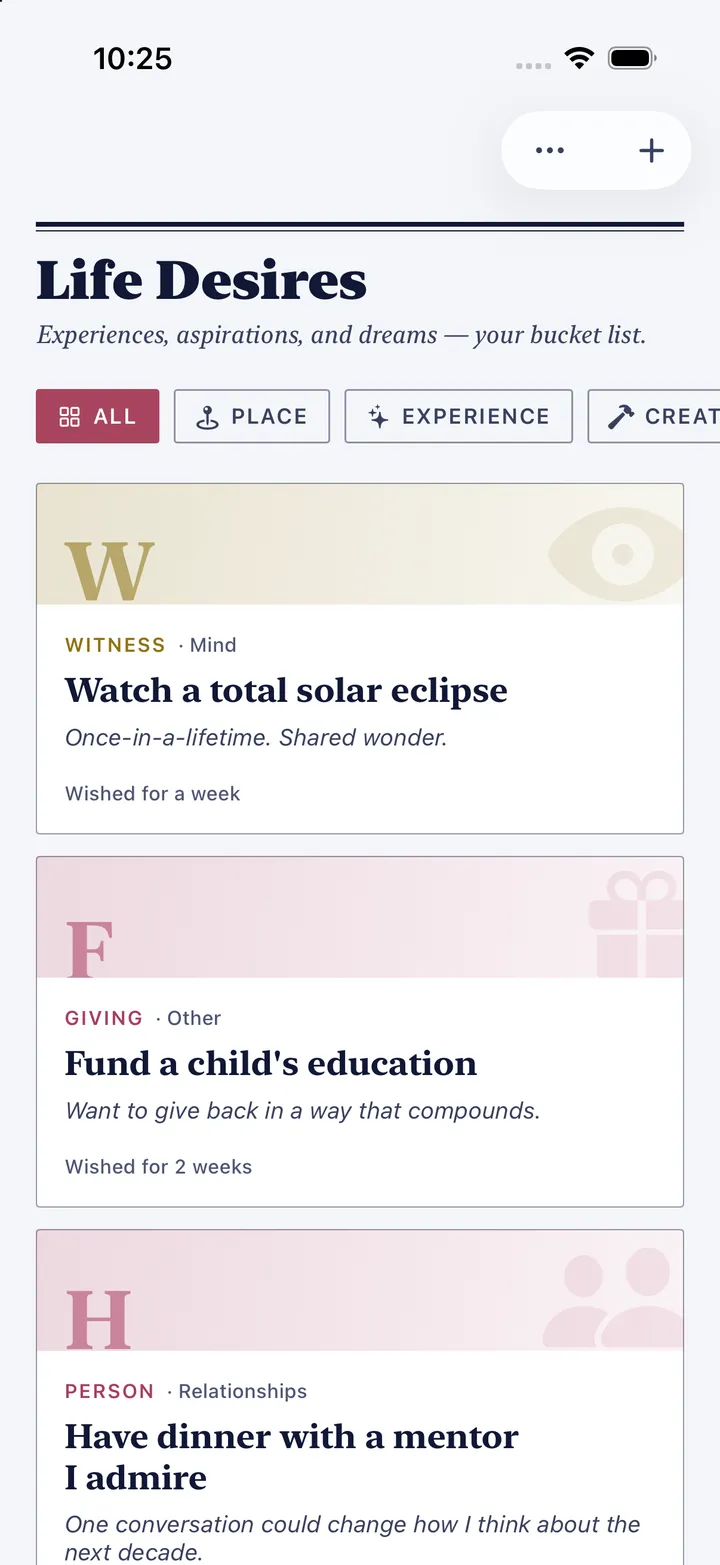 HourLife's Life Desires: watch a total solar eclipse, fund a child's education and have dinner with a mentor, each with how long it has been wished for.