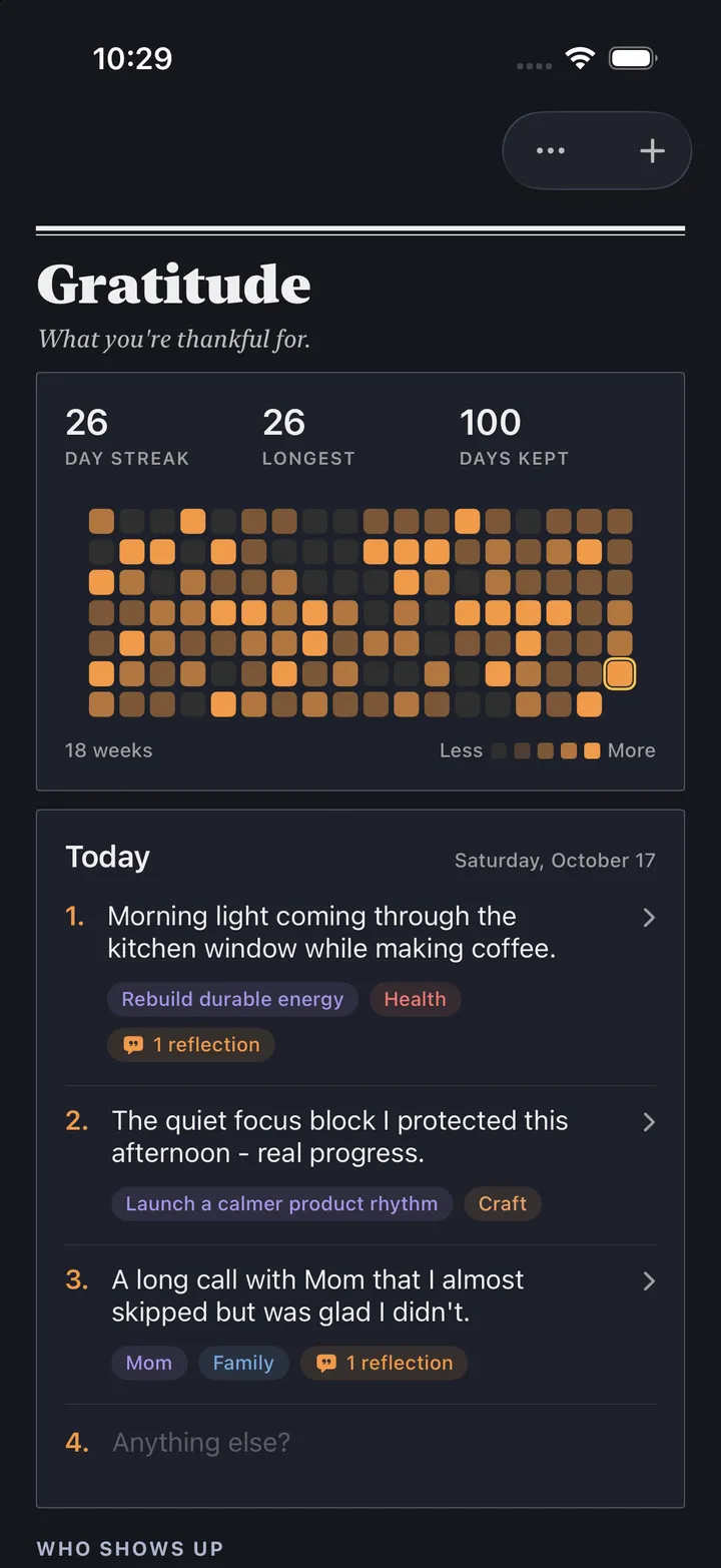 HourLife's Gratitude: a 26-day streak, 100 days kept across 18 weeks, and today's three things to be thankful for, each tagged.