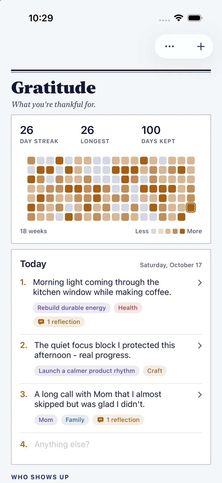 HourLife's Gratitude: a 26-day streak and 100 days kept on a heatmap, and today's three entries, tagged with goals and people.