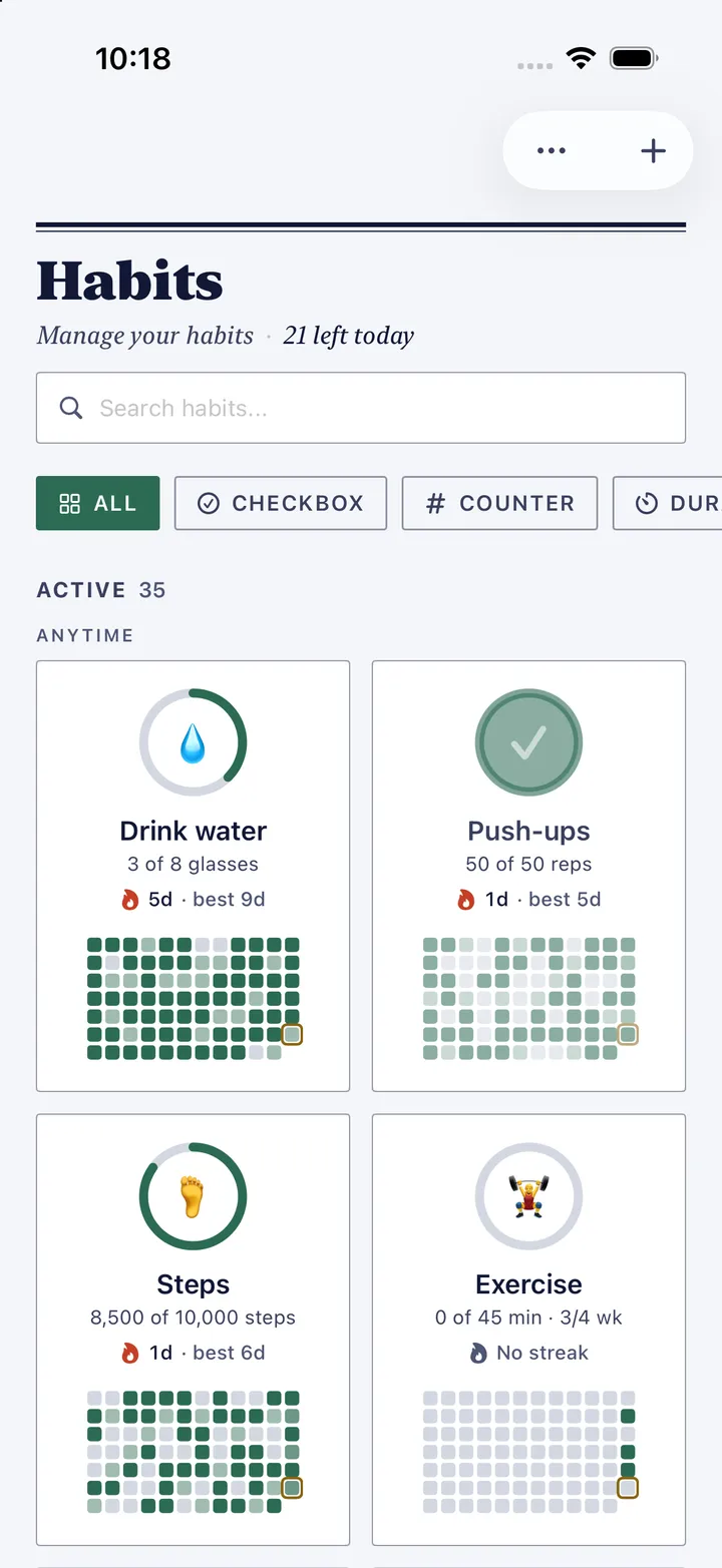 HourLife's Habits: 21 left today, with water at 3 of 8 glasses, push-ups done and steps at 8,500 of 10,000, each with a streak and a heatmap.