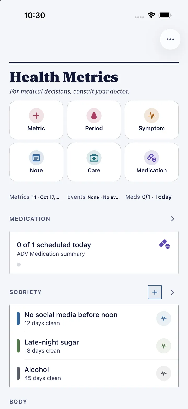 HourLife's Health Metrics: buttons to log a metric, period, symptom, note, care or medication, today's medication, and three sobriety counts.