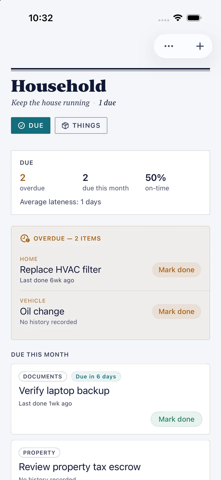HourLife's Household: two jobs overdue, replace the HVAC filter and an oil change, and a laptop backup due this month.
