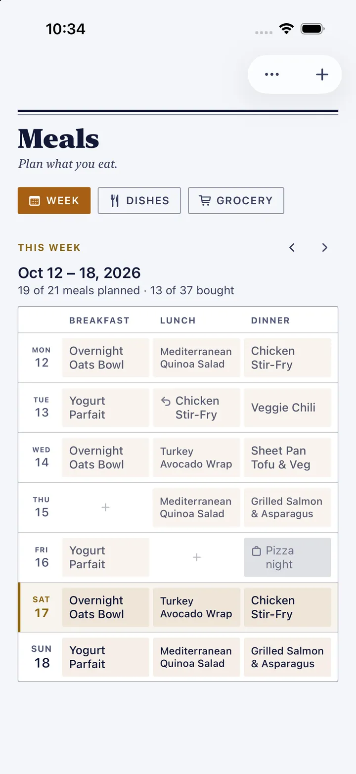 HourLife's Meals: the week of October 12 to 18 as a grid of breakfast, lunch and dinner, with 19 of 21 meals planned.