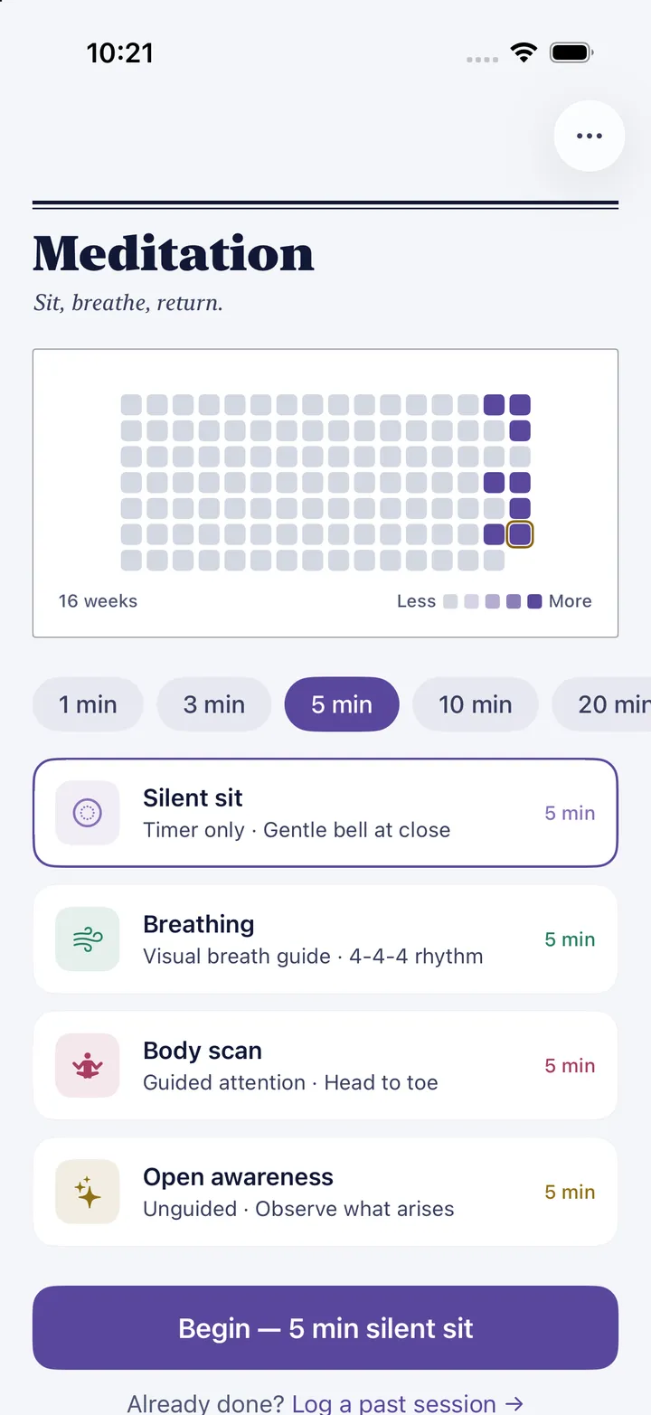 HourLife's Meditation: a 16-week heatmap, lengths from 1 to 20 minutes, Silent sit, Breathing, Body scan and Open awareness, and a button to begin.
