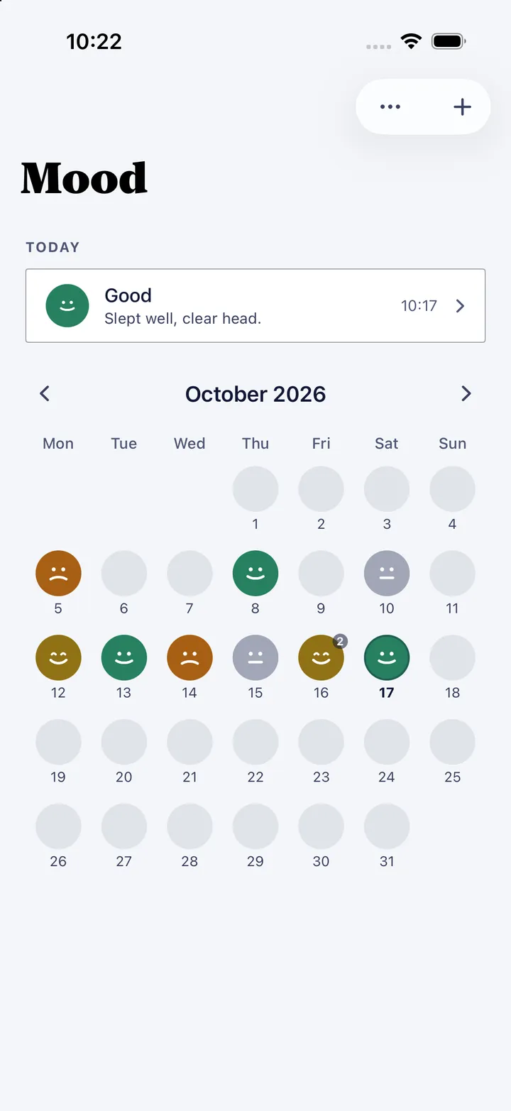 HourLife's Mood: today logged as Good, slept well, clear head, above an October calendar of faces.