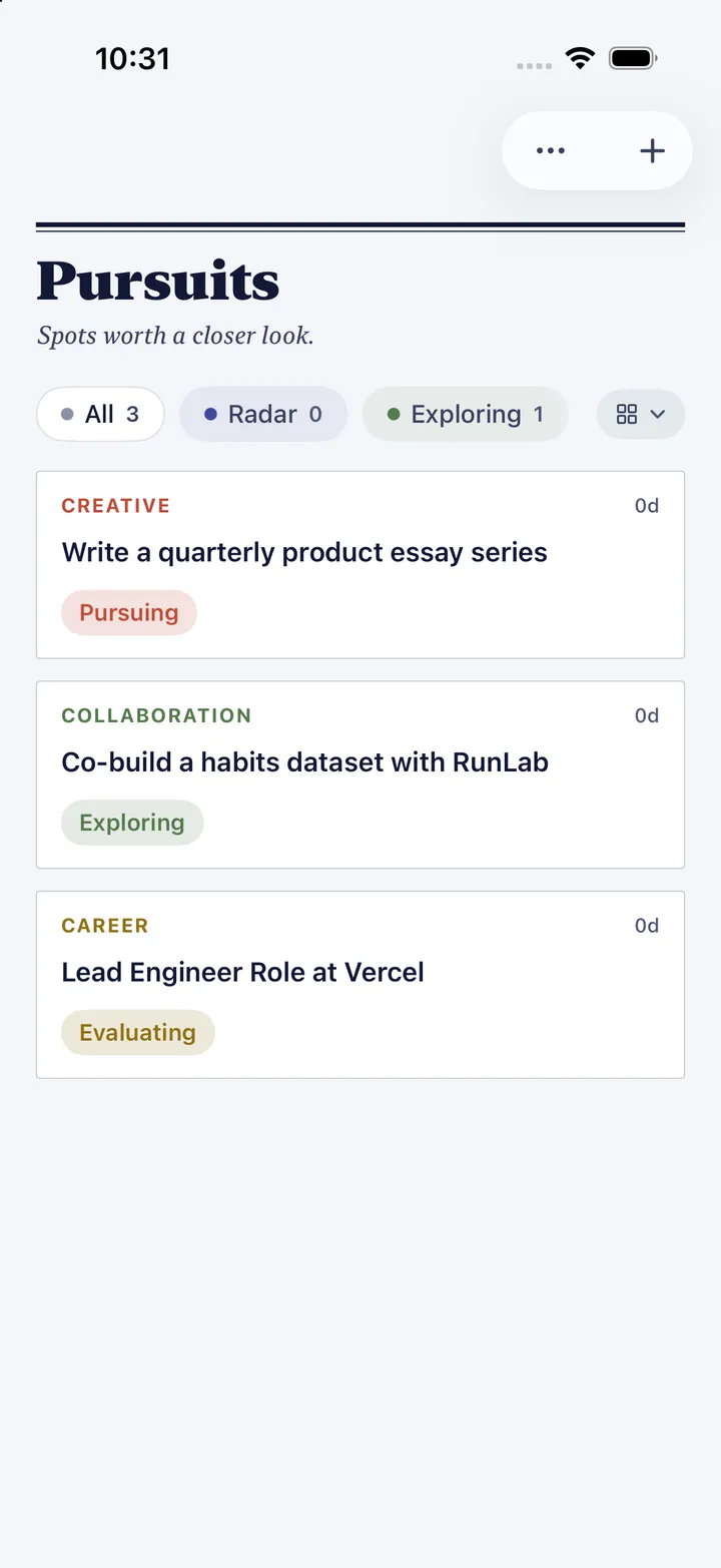 HourLife's Pursuits: three possibilities, an essay series being pursued, a collaboration being explored and a job being evaluated.
