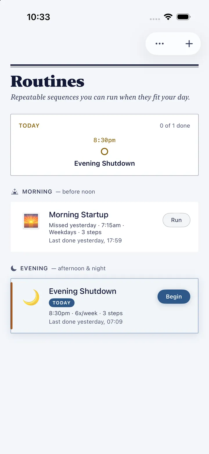 HourLife's Routines: Evening Shutdown due today at 8:30pm, and Morning Startup marked as missed yesterday.