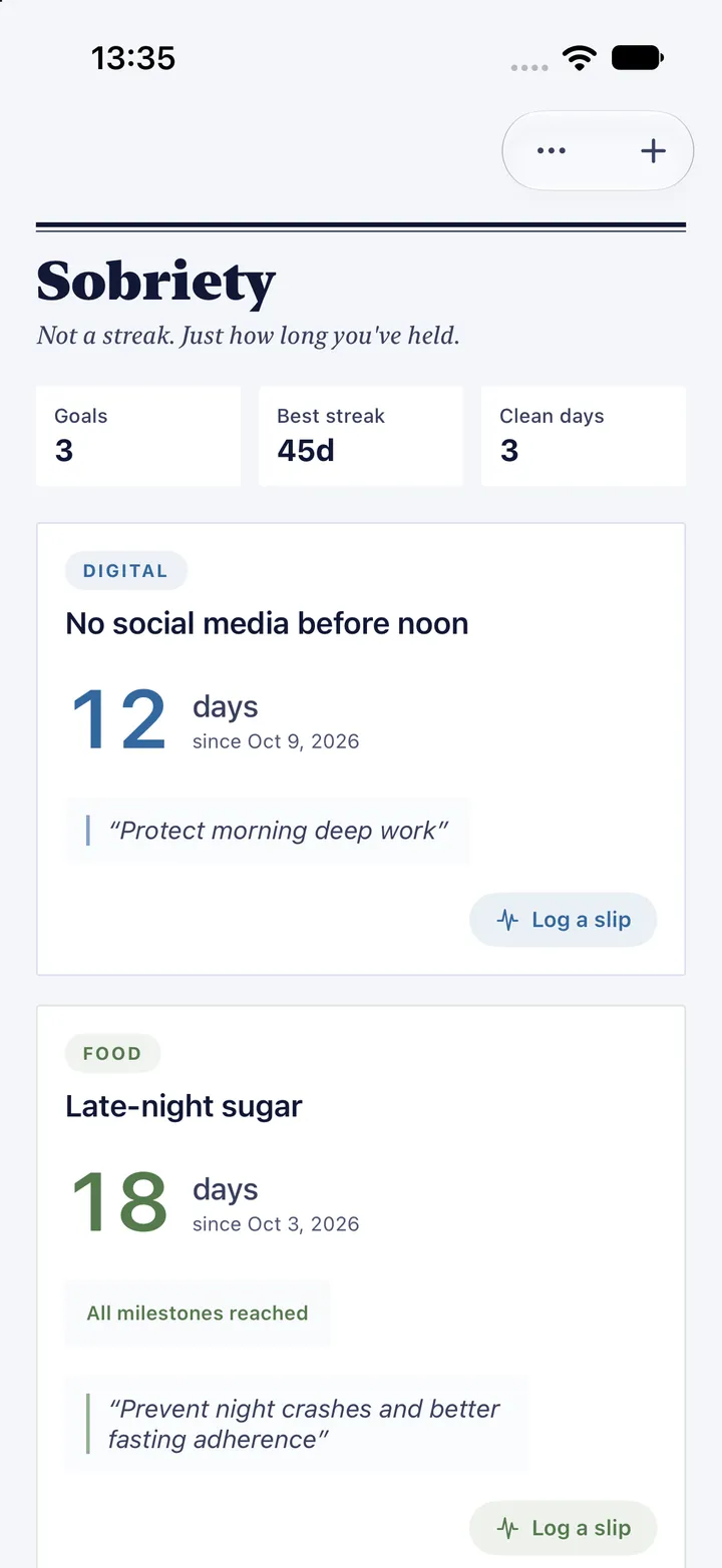 HourLife's Sobriety: three goals and a best streak of 45 days, with no social media before noon at 12 days and late-night sugar at 18, each with its reason and a button to log a slip.