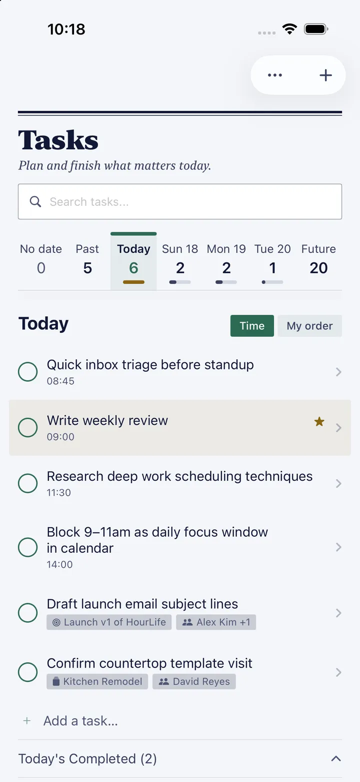 HourLife's Tasks: a strip of days from Past to Future with six due today, and today's list with Write weekly review starred.