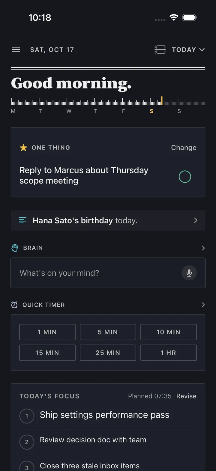 HourLife's Today screen in dark mode, with today's One Thing and a birthday.