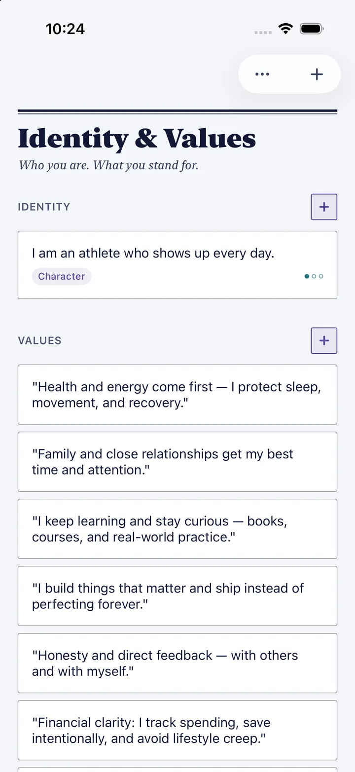 HourLife's Identity & Values: I am an athlete who shows up every day, then values about health, family, learning, honesty and money.