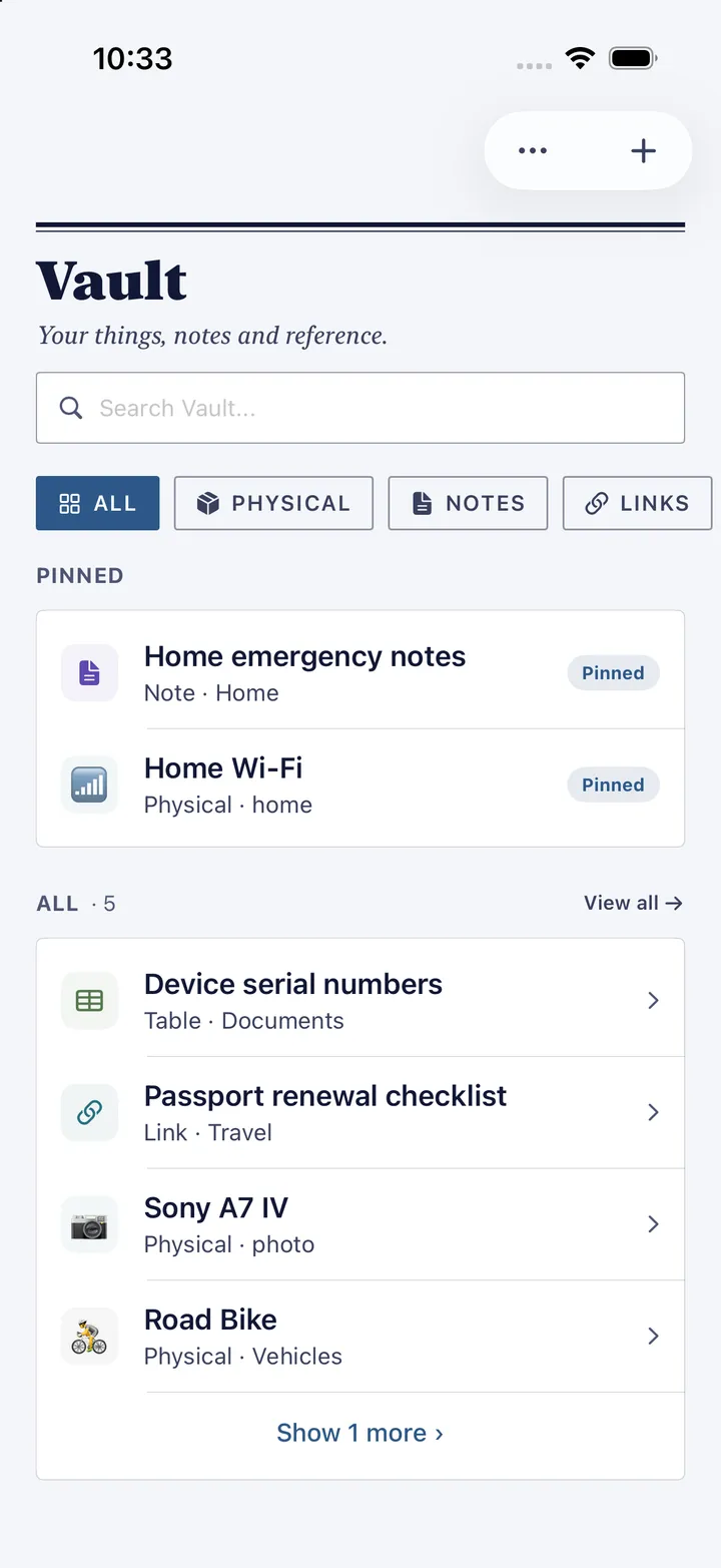 HourLife's Vault: pinned home emergency notes and Wi-Fi, then device serial numbers, a passport checklist, a camera and a bike.