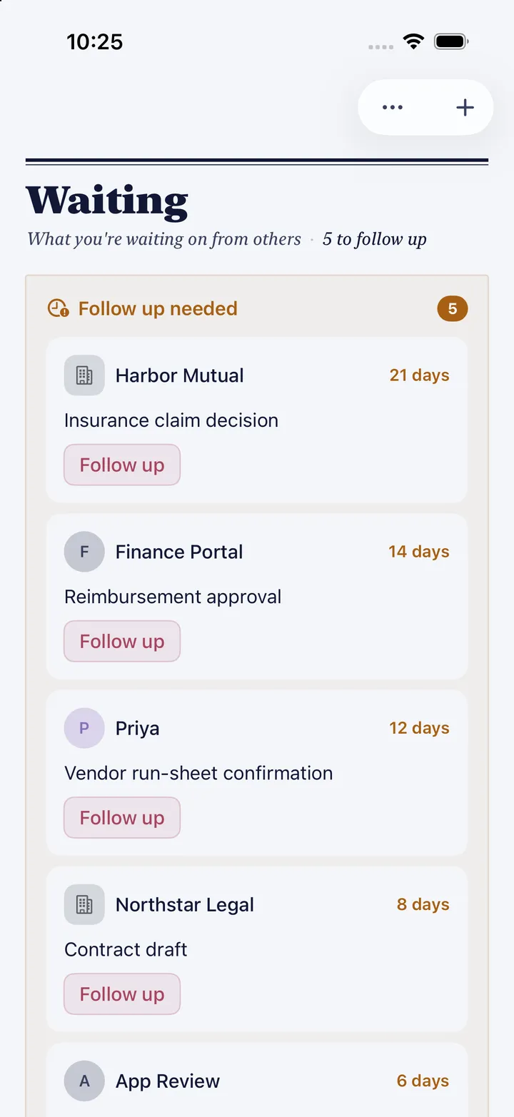 HourLife's Waiting: five to follow up, from an insurance claim waiting 21 days to a contract draft waiting 8.