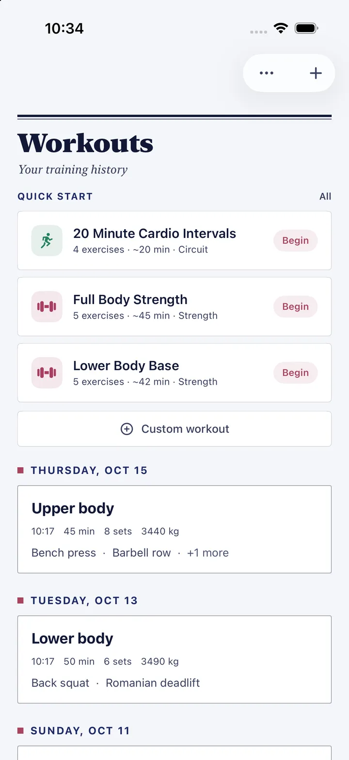 HourLife's Workouts: quick-start templates for cardio intervals and strength, and recent upper and lower body sessions.