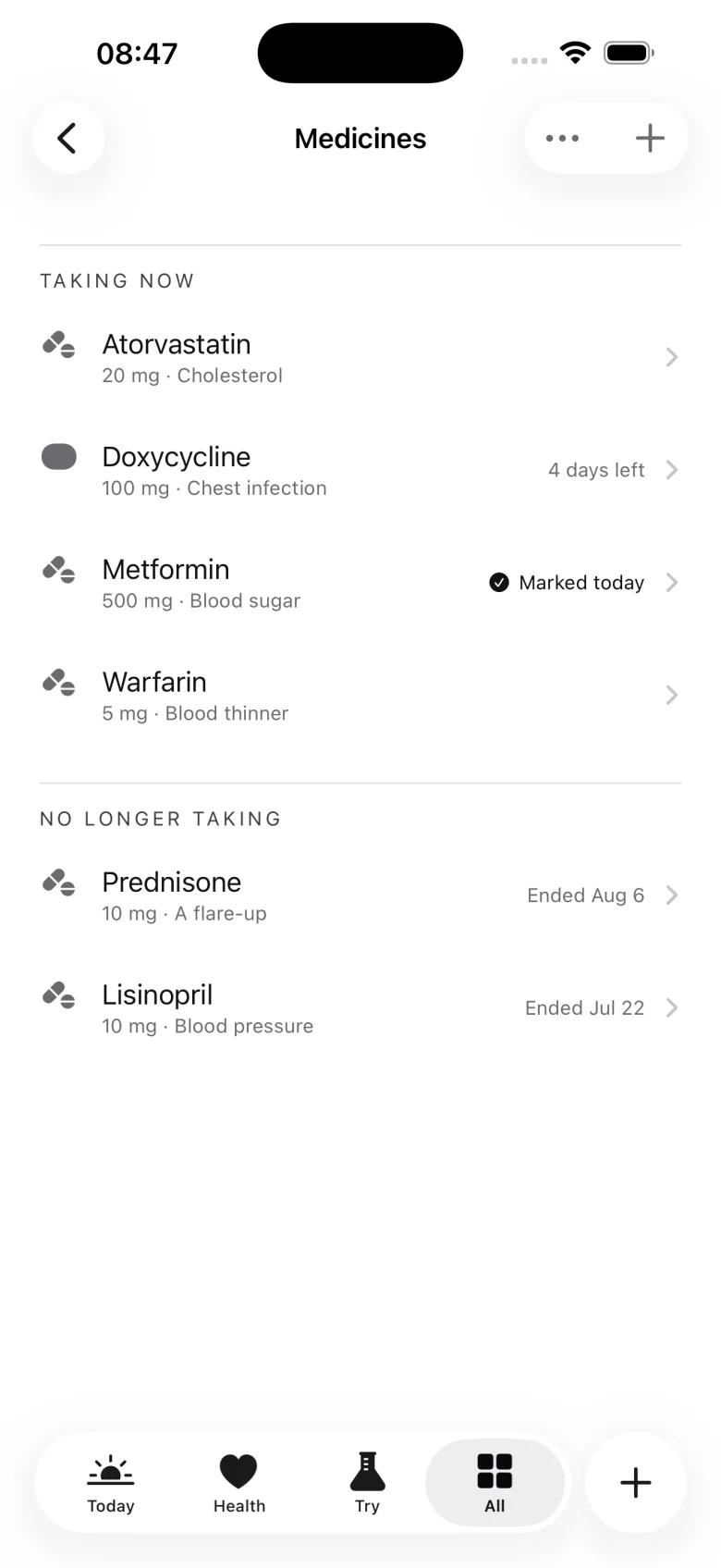 Keep's Medicines page: what you are taking now, and what you no longer take, each with its reason