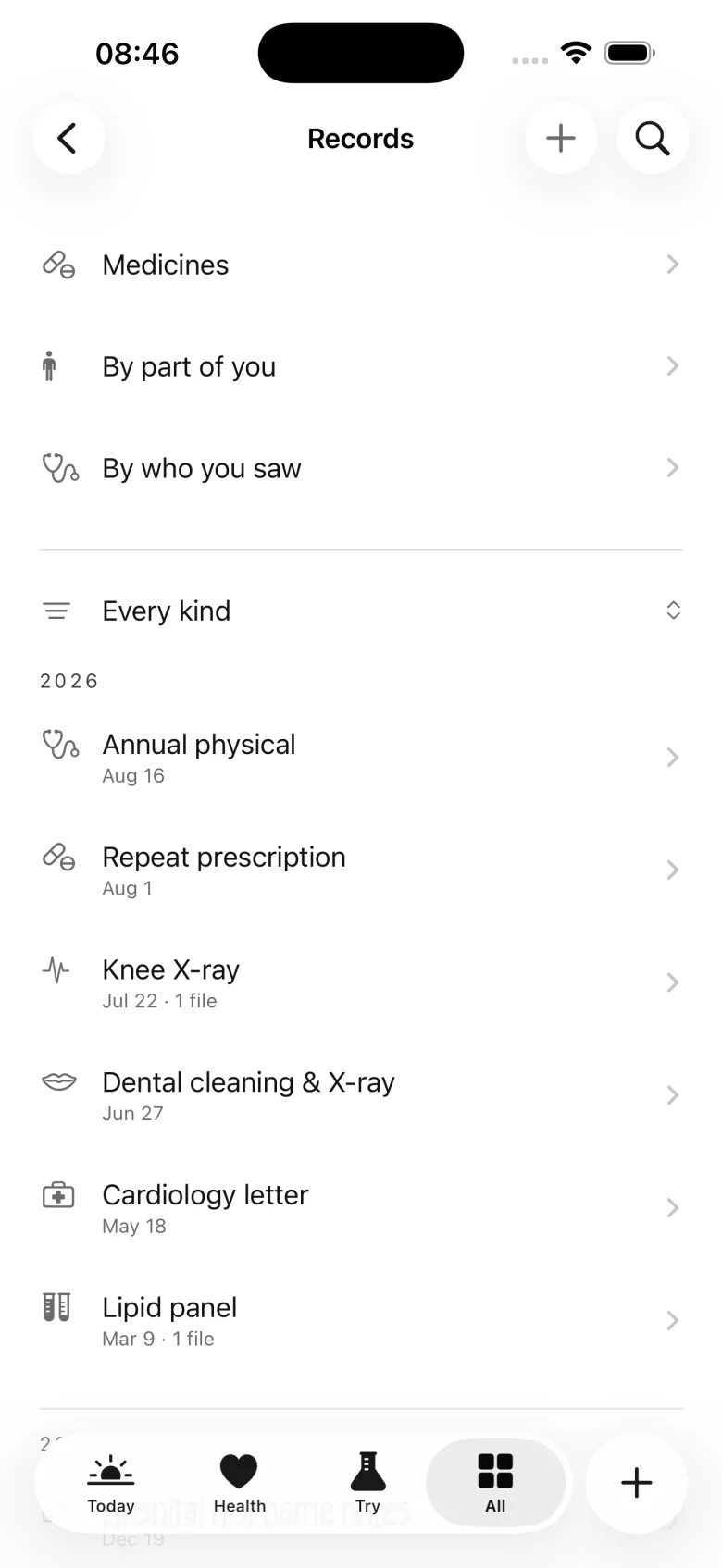 Keep's Records page: papers by year, with doors to browse them by part of you or by who you saw