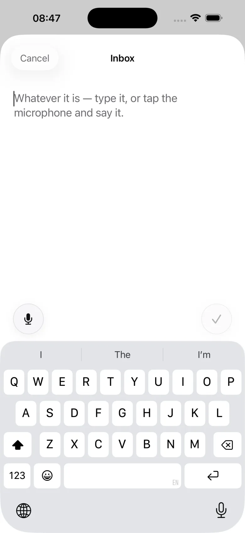 Keep's Inbox sheet, open with the keyboard and a microphone button, ready for whatever you want to write