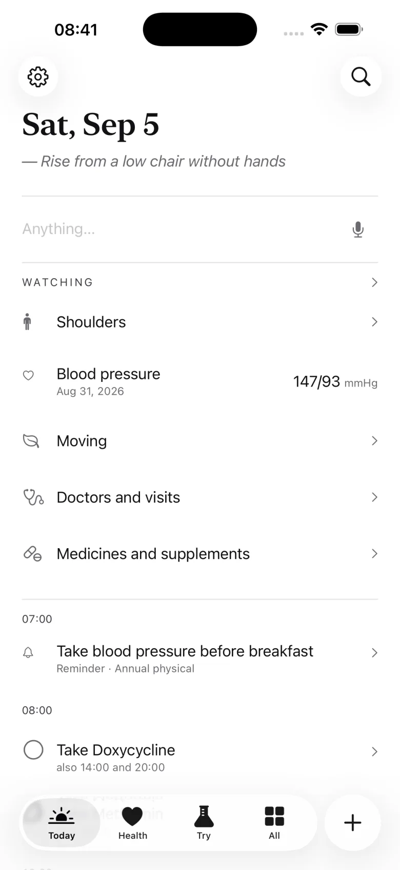 Keep's Today page: the date, a line to write on, what you are watching, and the day's reminders
