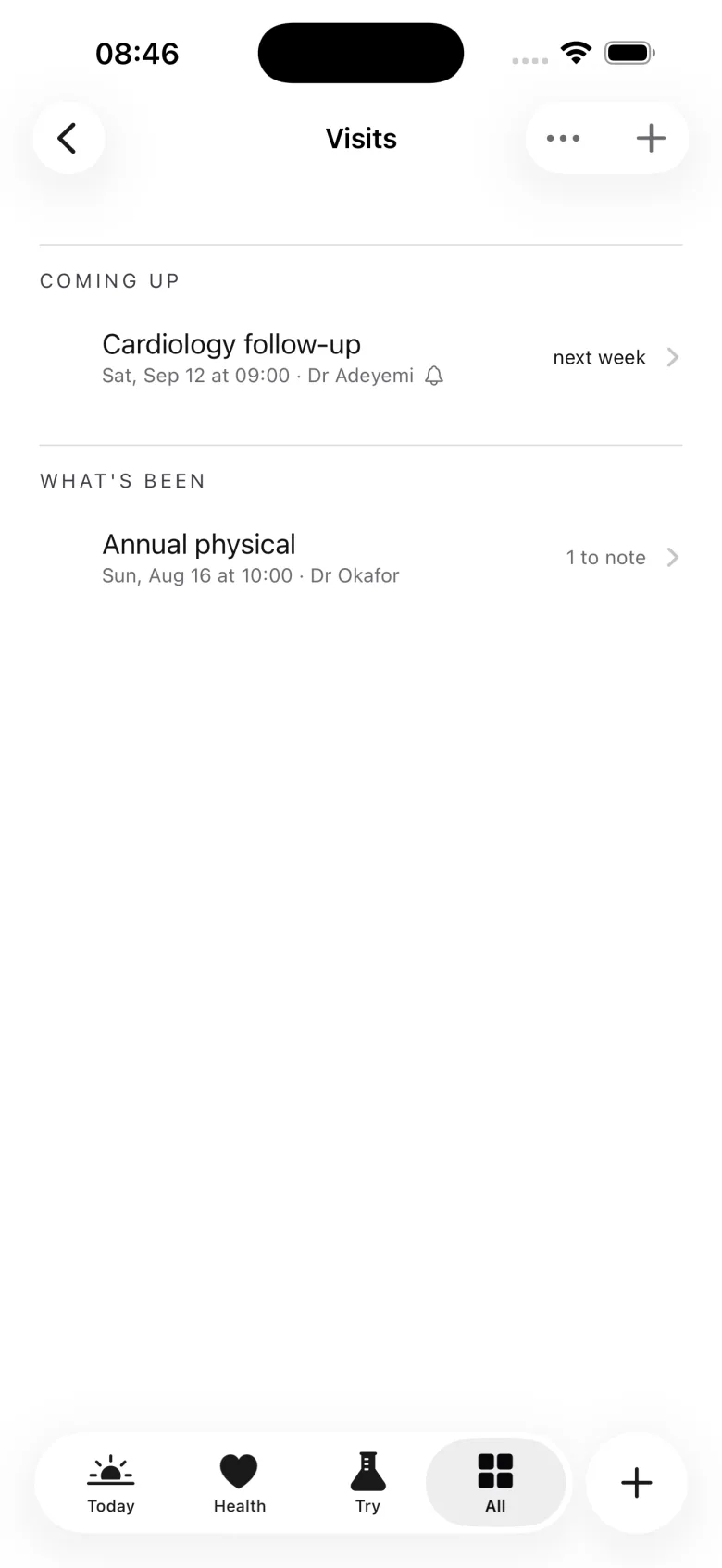 Keep's Visits page: a follow-up coming up next week with its alarm set, and last month's physical with a note still to bring
