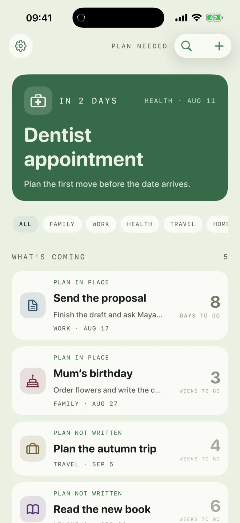 A single date with its plan line and staged reminders