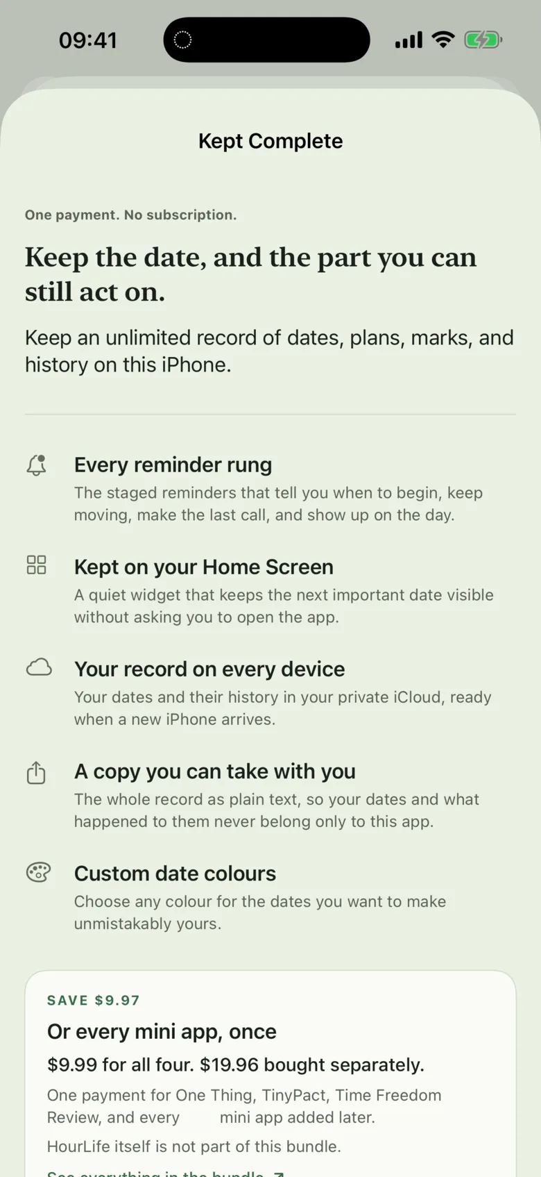Kept One purchase screen