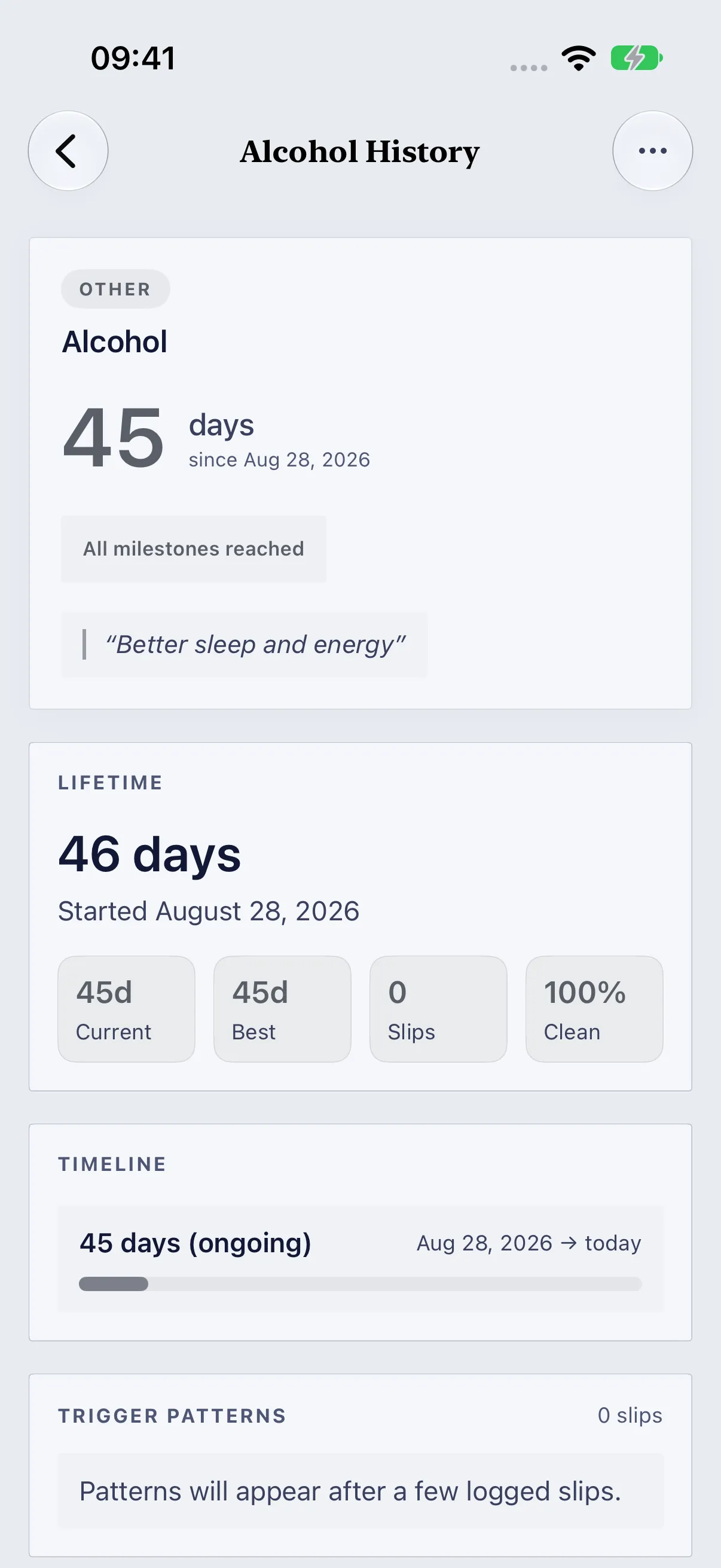 HourLife Sobriety: The history for an Alcohol goal: the day count, lifetime days, the Current, Best, Slips and Clean tiles, and the timeline.