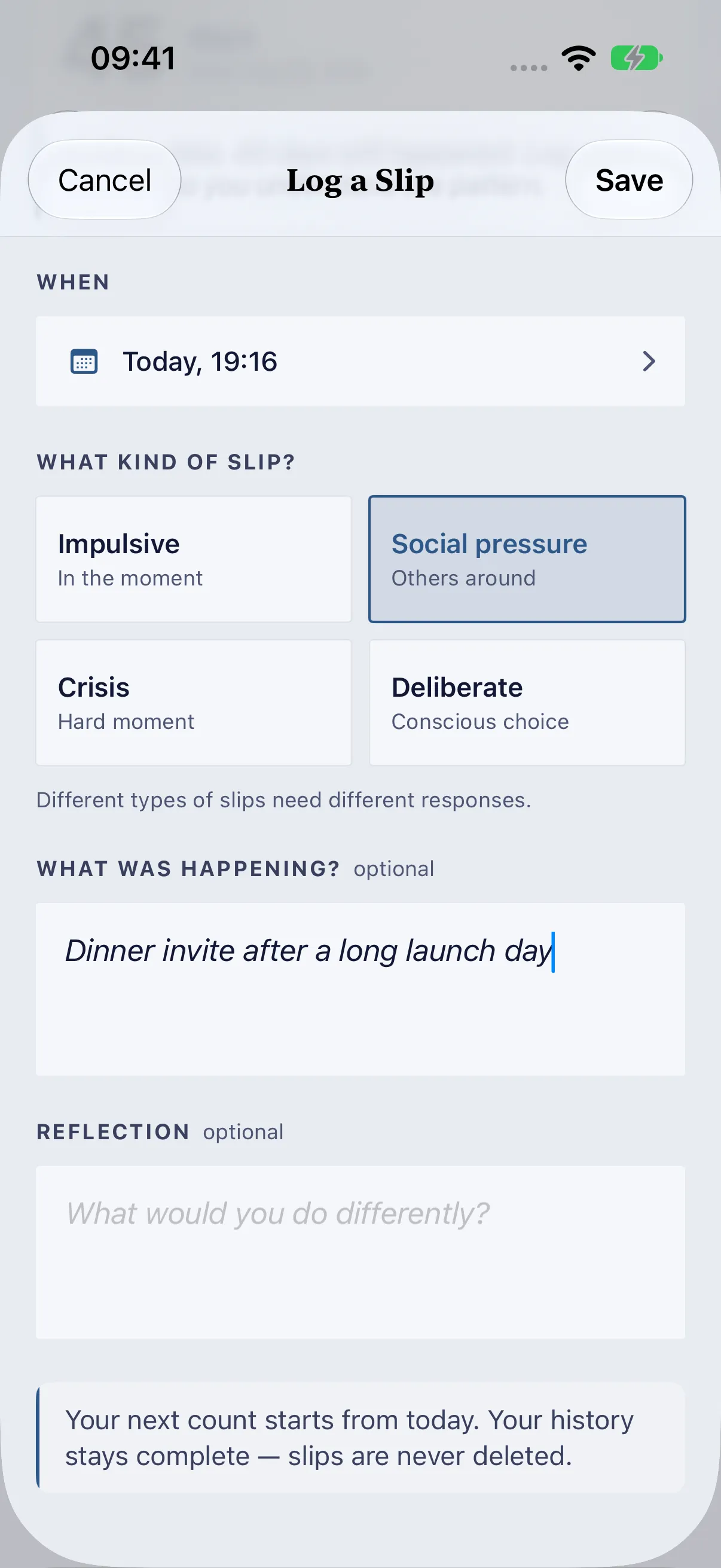 HourLife Sobriety: The “Log a Slip” sheet with Social pressure selected and a note about a dinner invite, above the reminder that slips are never deleted.
