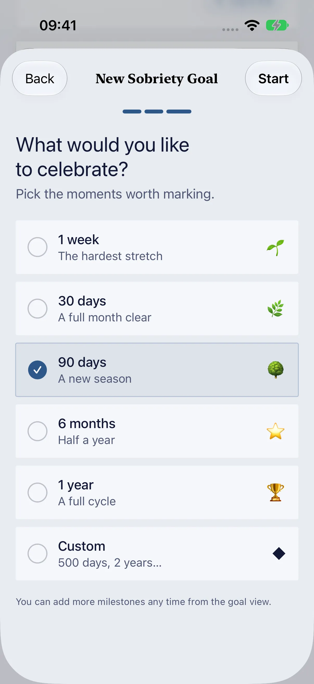 HourLife Sobriety: The last step of a new goal, with 90 days ticked among 1 week, 30 days, 6 months, 1 year and a custom number of days.
