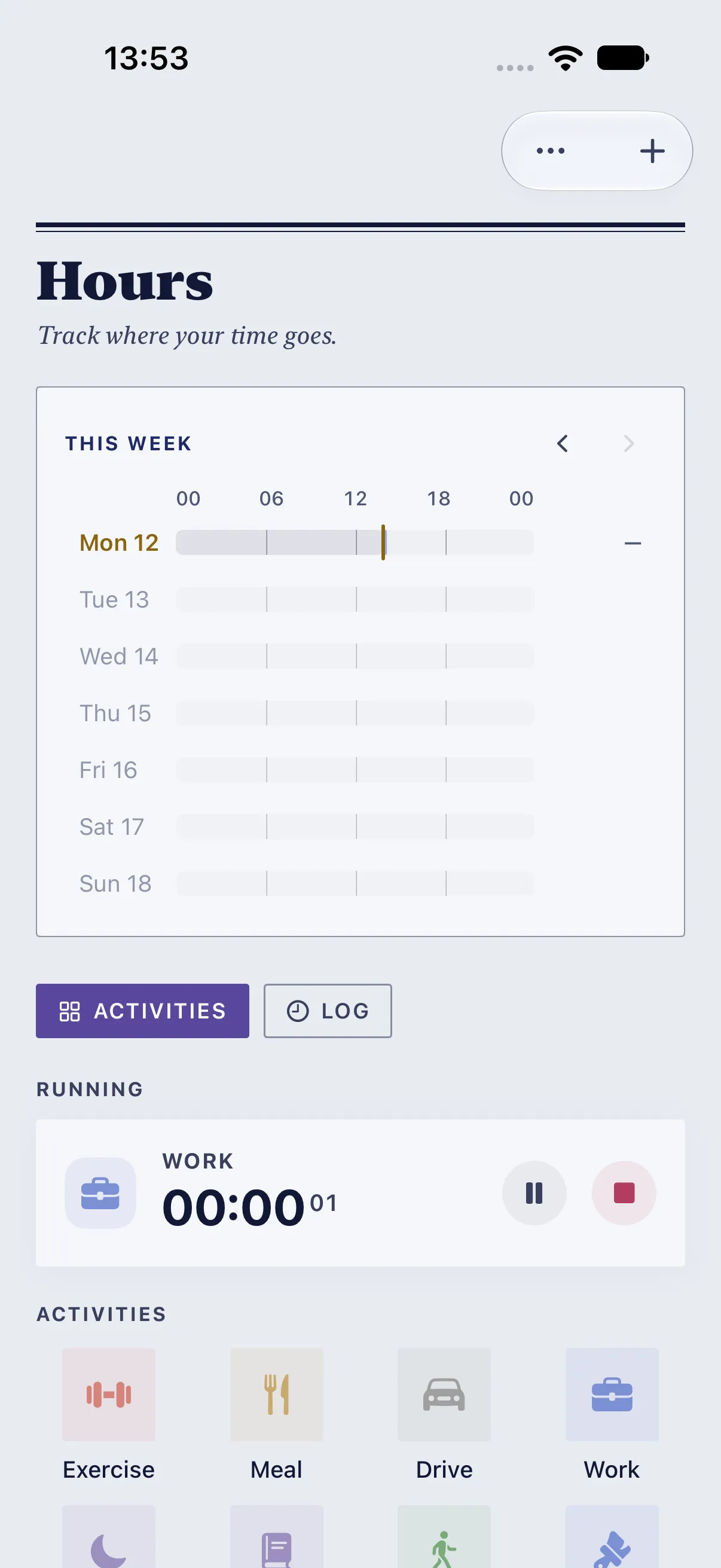 Work running at the top of Hours, with pause and stop buttons above the activity grid.