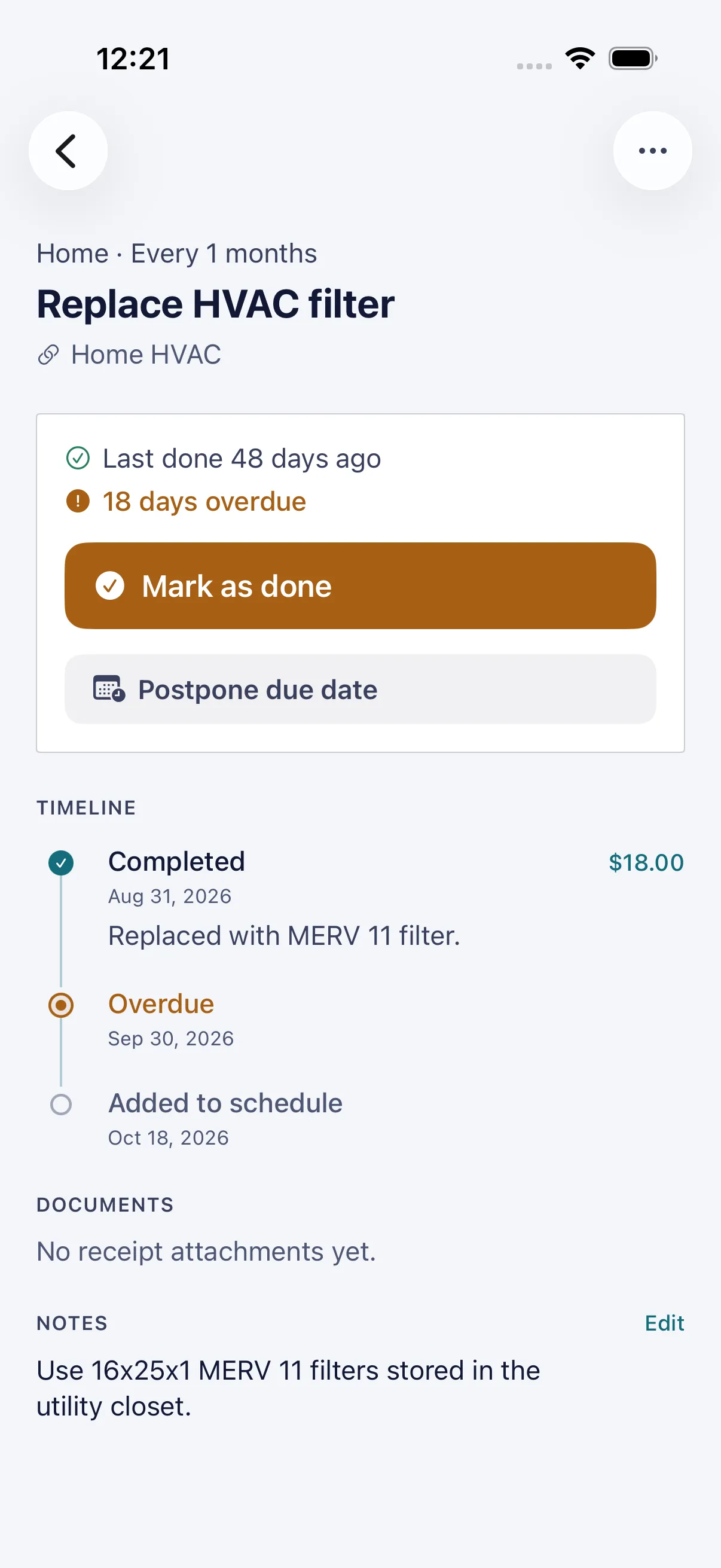 HourLife Household: “Replace HVAC filter”, 18 days overdue, with “Mark as done”, “Postpone due date”, and a timeline of past work.