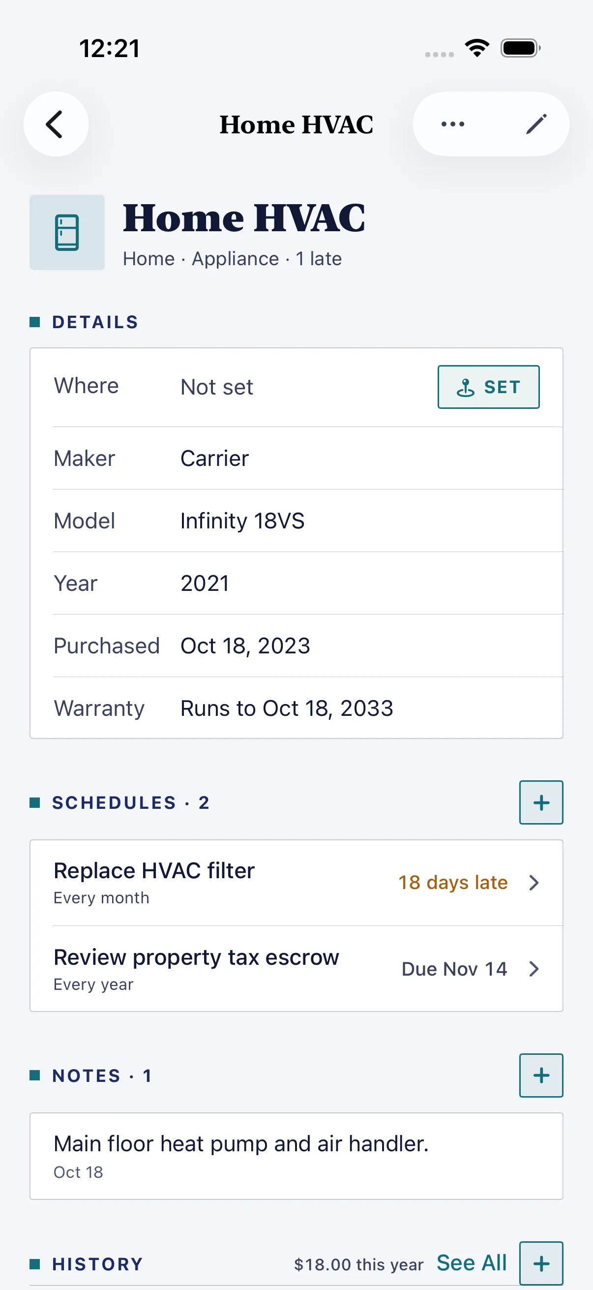 HourLife Household: Home HVAC, with where it is, its maker, model and warranty, two schedules, a note, and $18.00 of history this year.