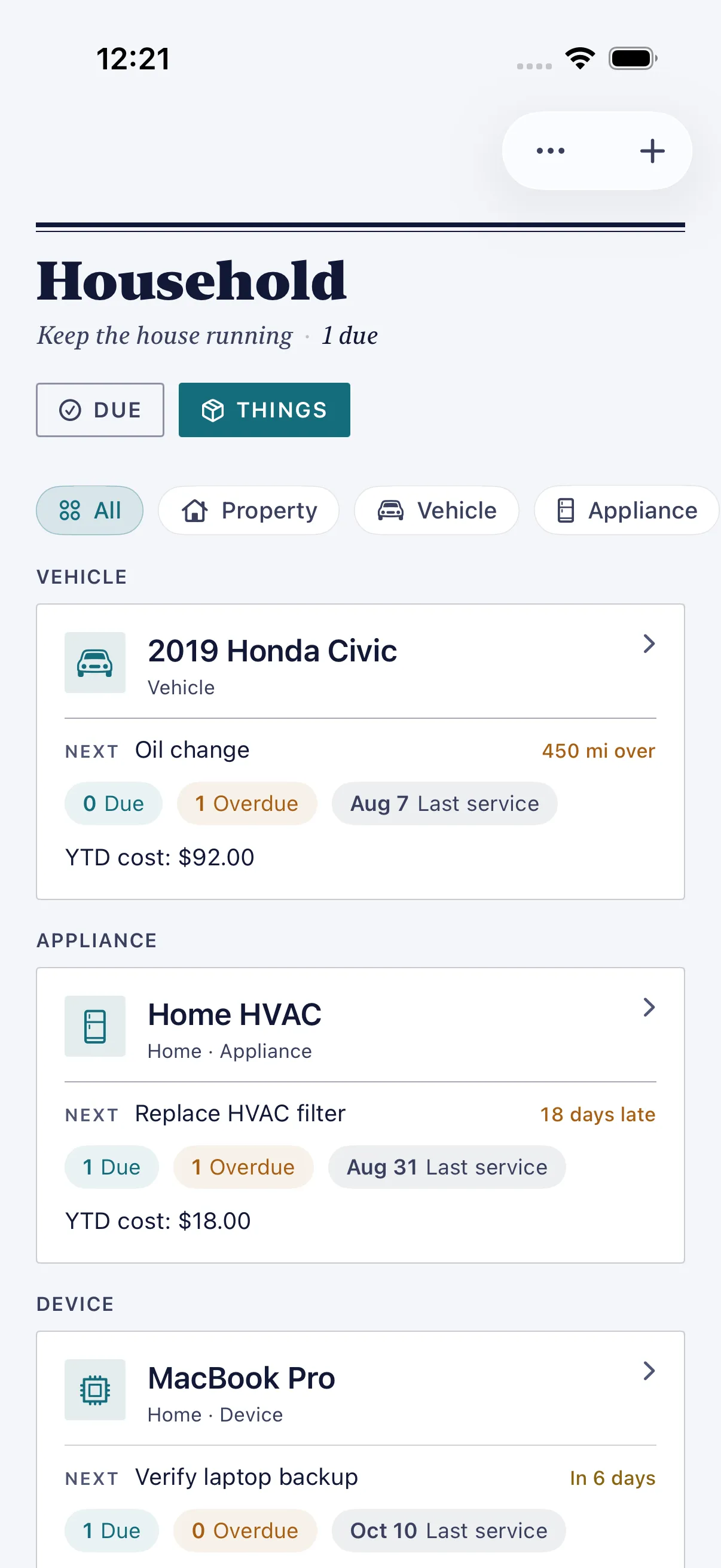 HourLife Household: The Civic 450 mi over on its oil change, the HVAC filter 18 days late, and the MacBook’s backup in 6 days, each with its due counts and cost.