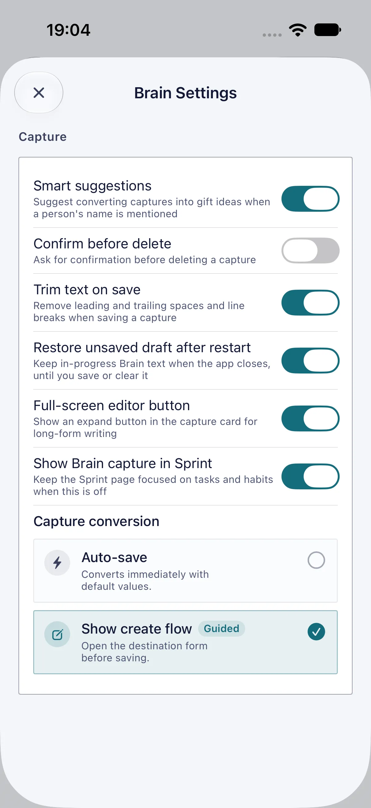 HourLife Brain: Smart suggestions, Confirm before delete and the other switches, with “Show create flow” chosen under Capture conversion.