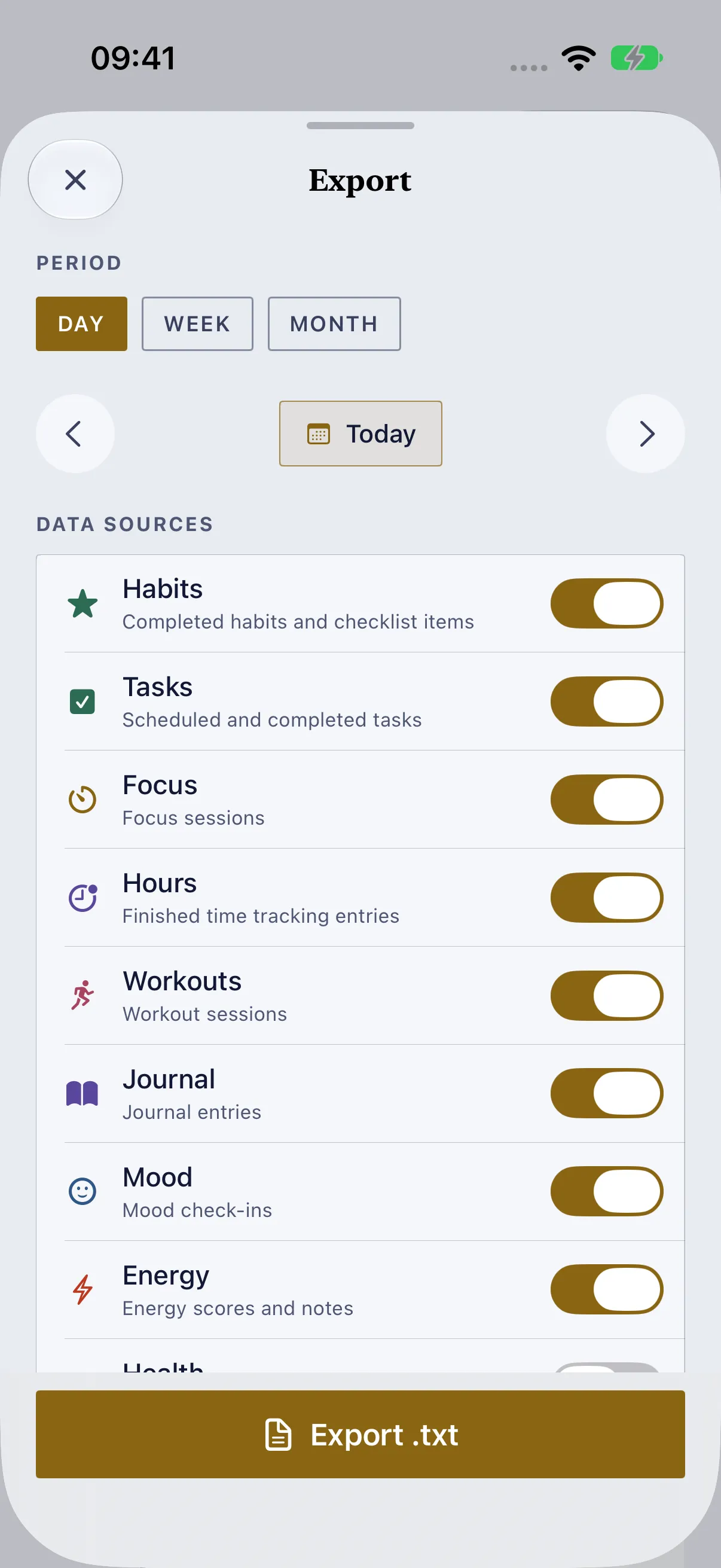 Export, with Day, Week or Month and the data sources to include.