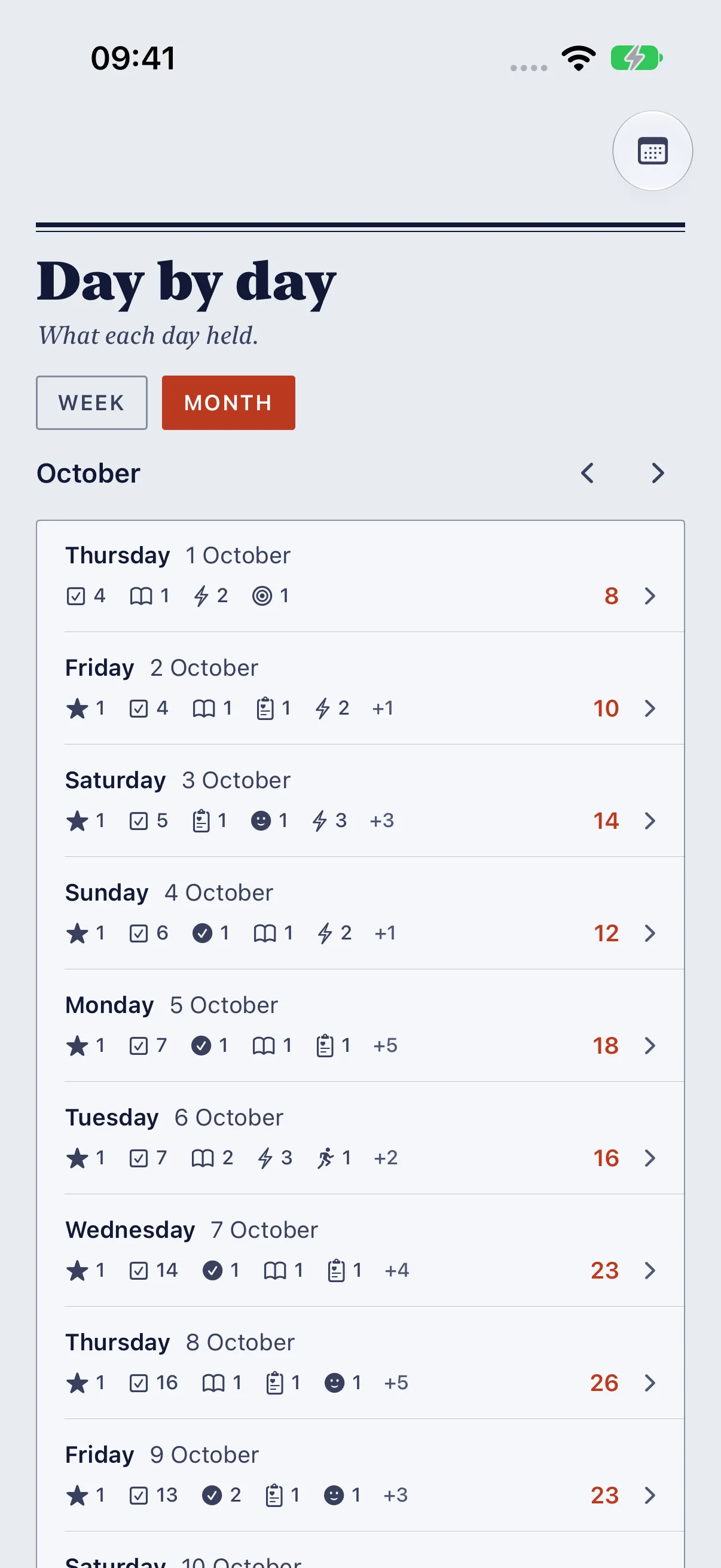 HourLife Calendar: Day by day for October, one row per day with tallies by type and the day's total on the right.