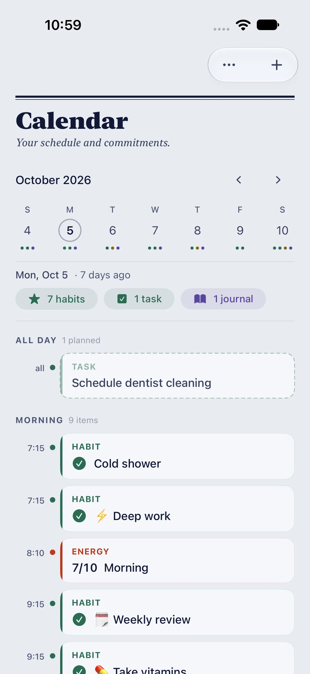HourLife Calendar: Monday 5 October, seven days back, with its habits and a morning energy check-in of 7/10 at the times they were logged.