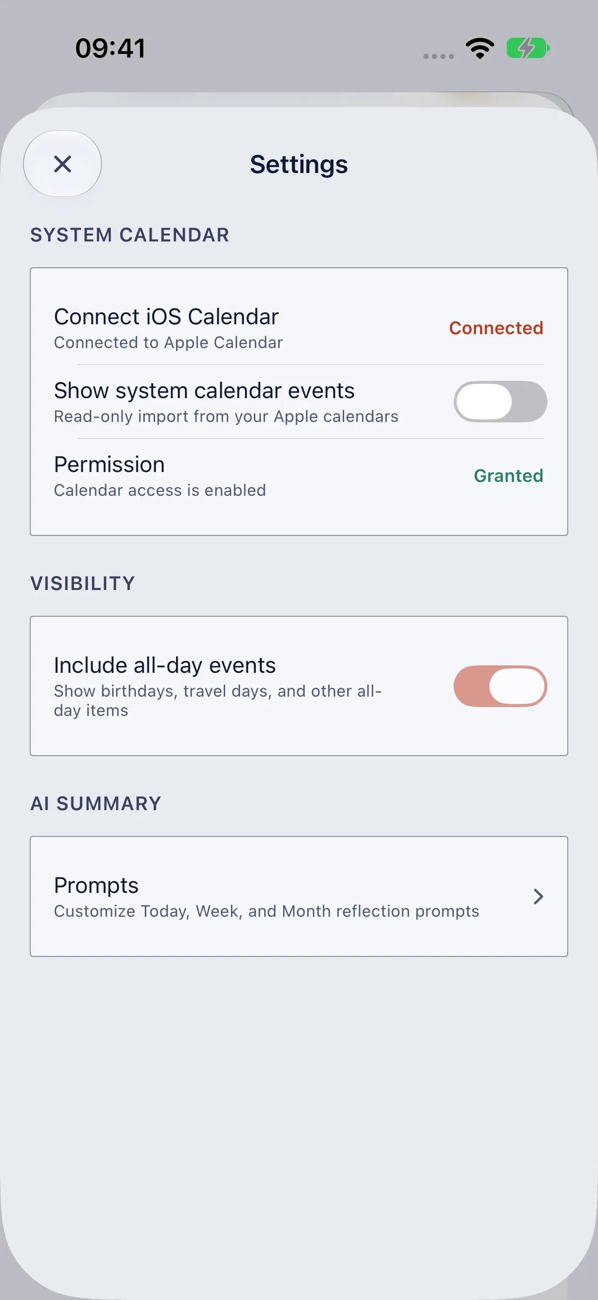 HourLife Calendar: Apple Calendar connected and access granted, with “Show system calendar events” still off.