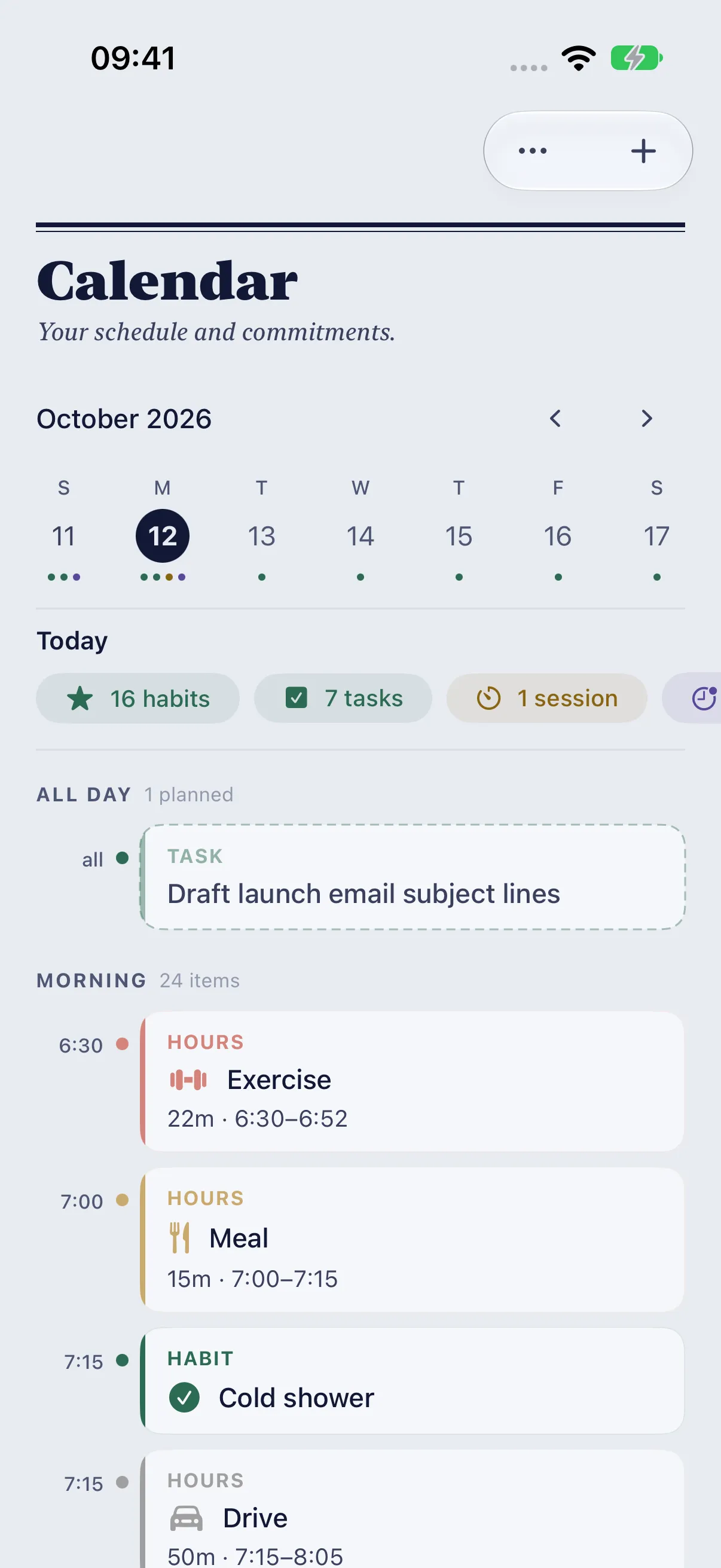 HourLife Calendar: Calendar on today, with chips for 16 habits, 7 tasks and a session, an all-day task, and the morning's Hours entries, each with its length and range.