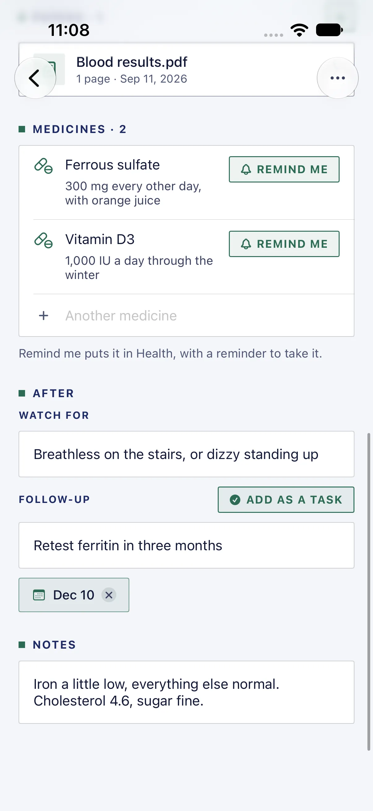 HourLife Care: What to watch for, the follow-up “Retest ferritin in three months” for Dec 10 with “Add as a task”, and the visit’s notes.