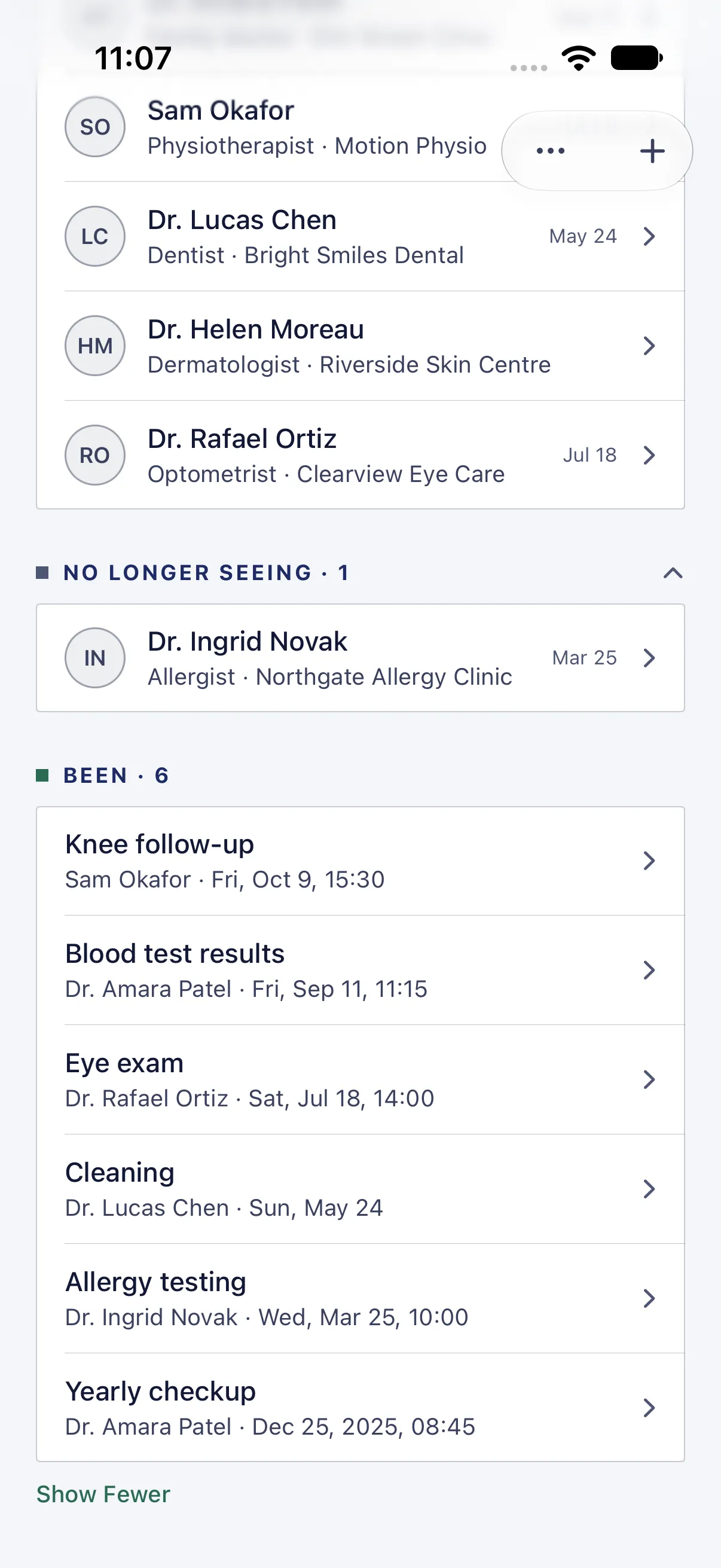 HourLife Care: Six visits that have happened, latest first, from the knee follow-up on Oct 9 back to last year’s checkup.