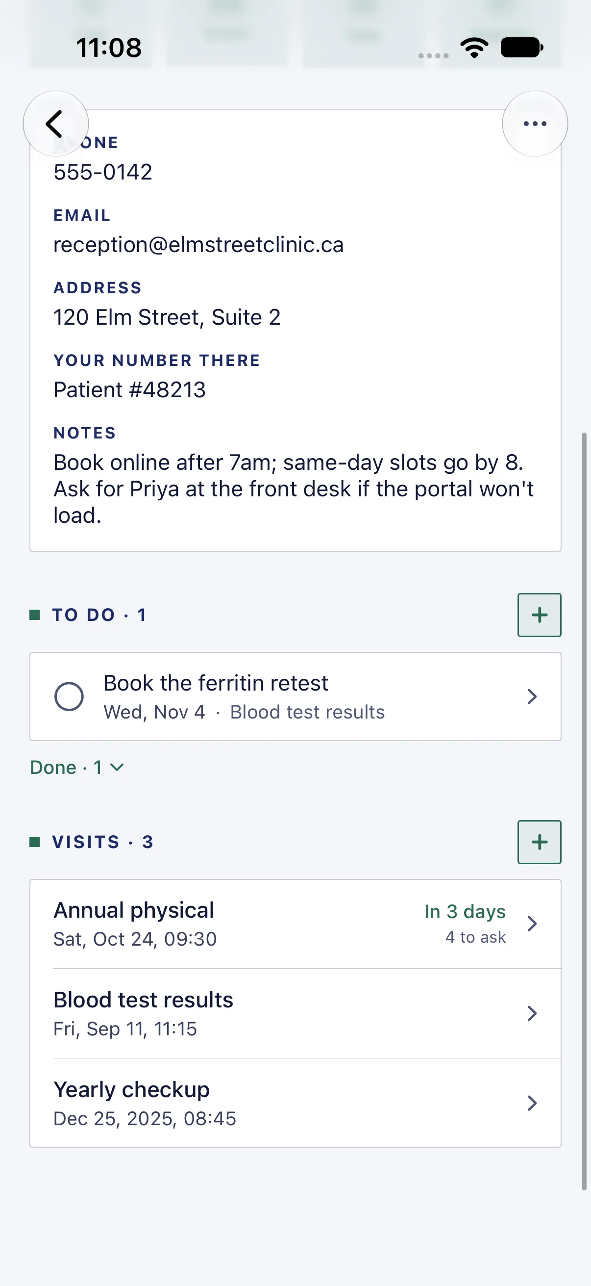 HourLife Care: Further down her page, the ferritin retest to do, one to-do done, and three visits, the annual physical first.