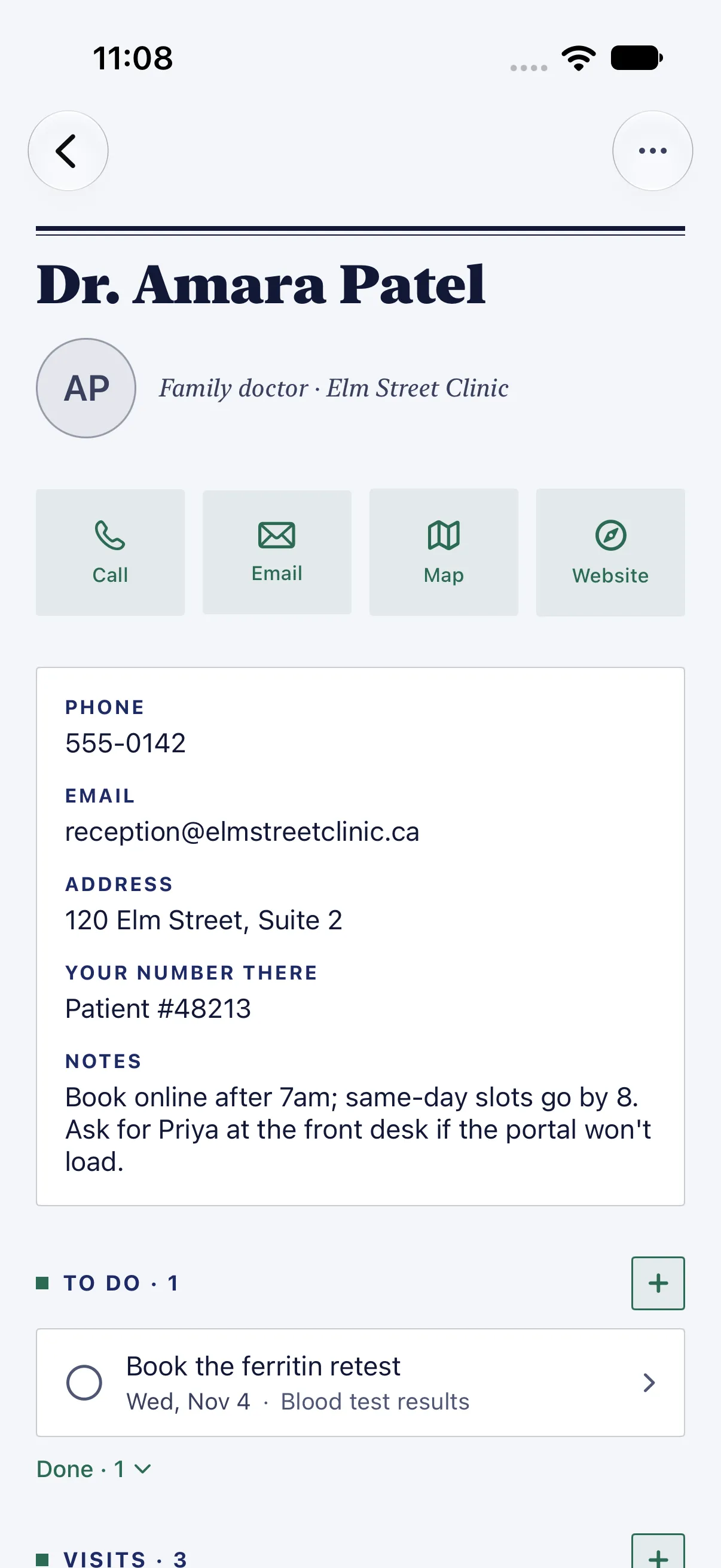 HourLife Care: Dr. Amara Patel, with Call, Email, Map and Website, the clinic’s phone and address, your patient number, and notes on when to book.