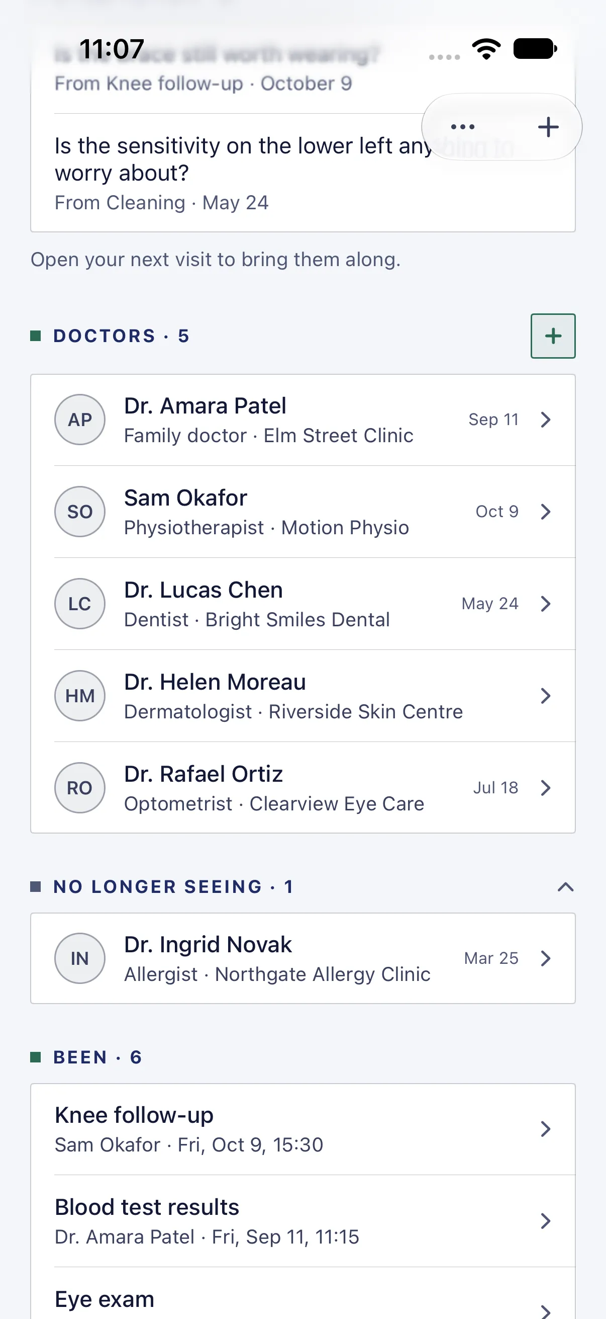 HourLife Care: Five doctors, each with what they are to you, the clinic and the last time you saw them, and an allergist under “No Longer Seeing”.