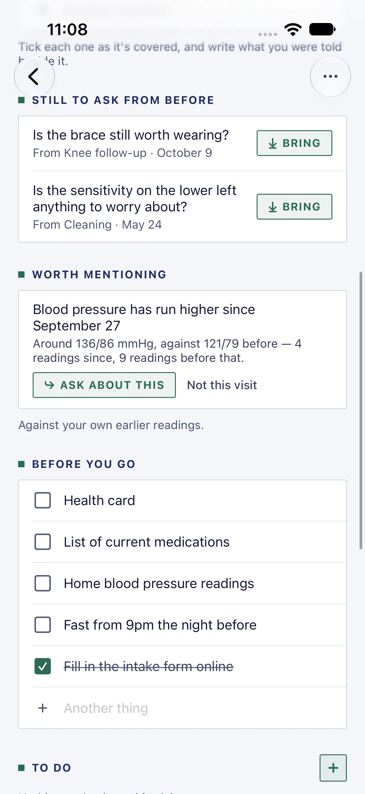 HourLife Care: “Blood pressure has run higher since September 27”, around 136/86 mmHg against 121/79 before, above “Before You Go”, with the intake form already done.