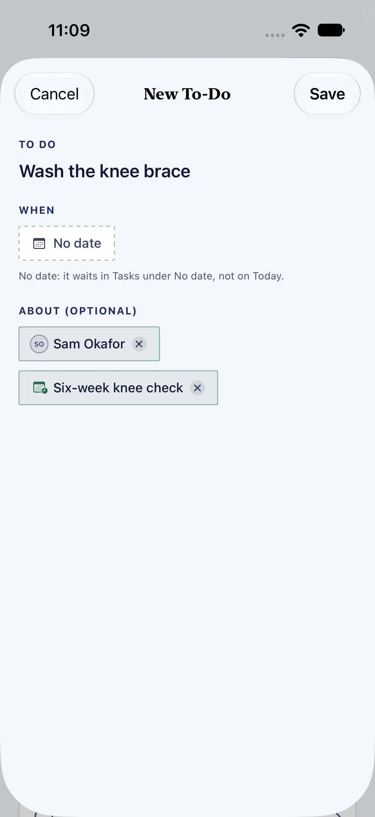 HourLife Care: “Wash the knee brace”, with no date, about Sam Okafor and the six-week knee check.