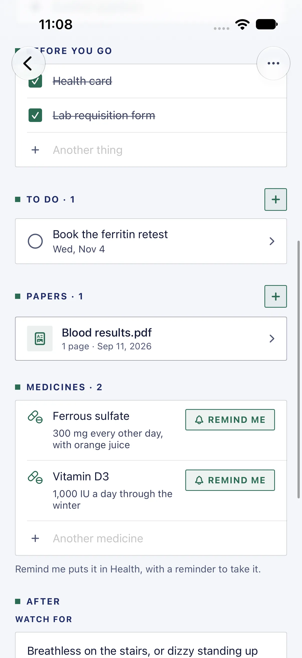 HourLife Care: The same visit’s to-do, the blood results PDF, and two medicines, each with “Remind me”.